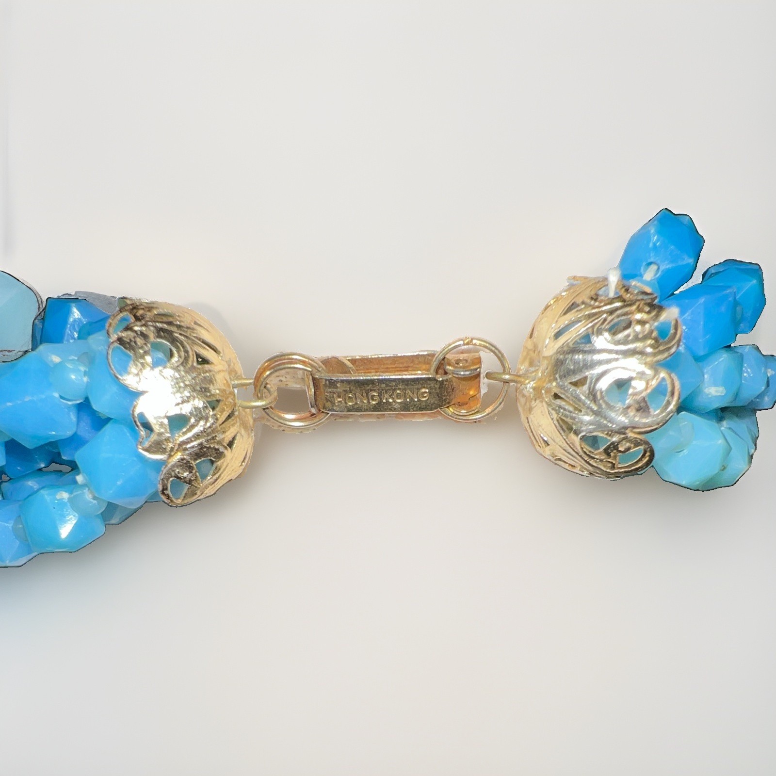Blue Signed Layered Multi-Strand Beaded Statement Necklace Bicone Hook