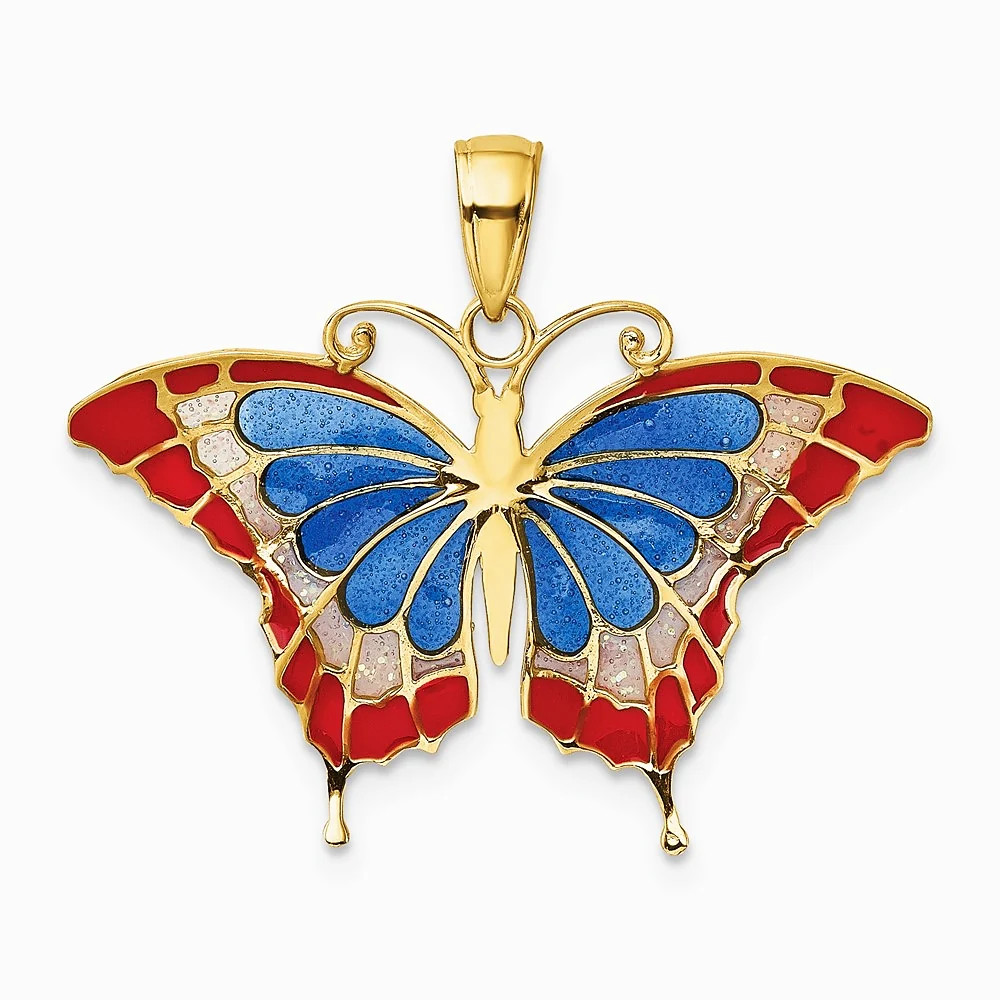 10K / 14K Yellow Gold Blue & Red Enameled Butterfly Pendant