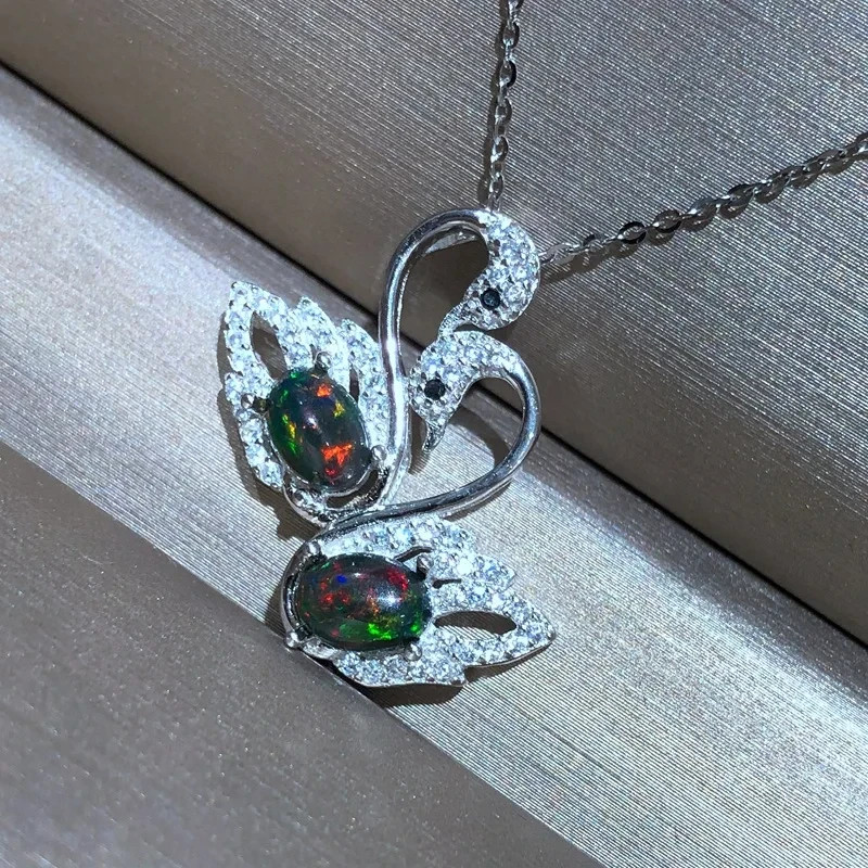 Fire Opal Swan Pendant 5x7mm, Black Opal Pendant Necklace,