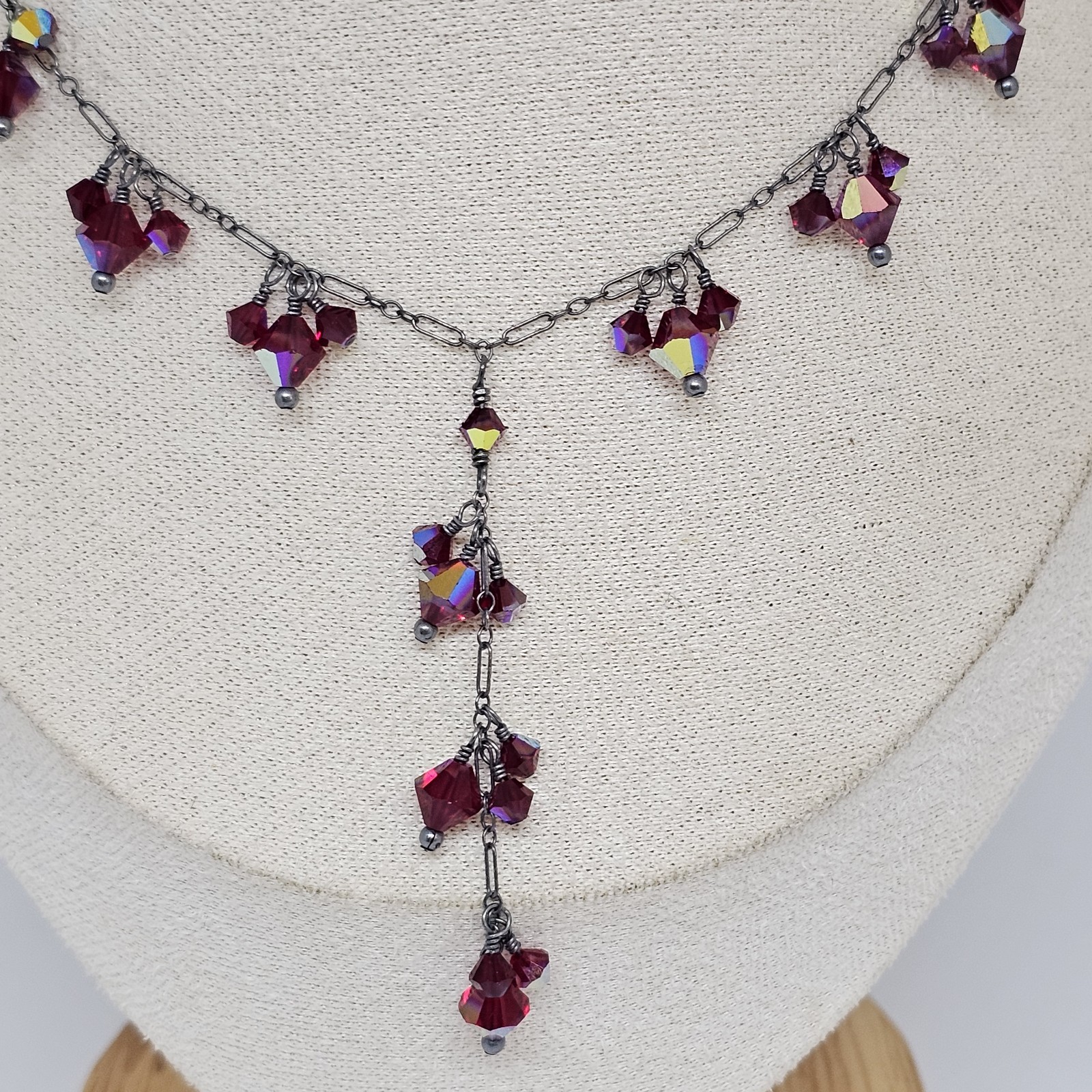 925 Oxidized Sterling Silver – Red Crystal Bead Charms Lariat Chain Necklace