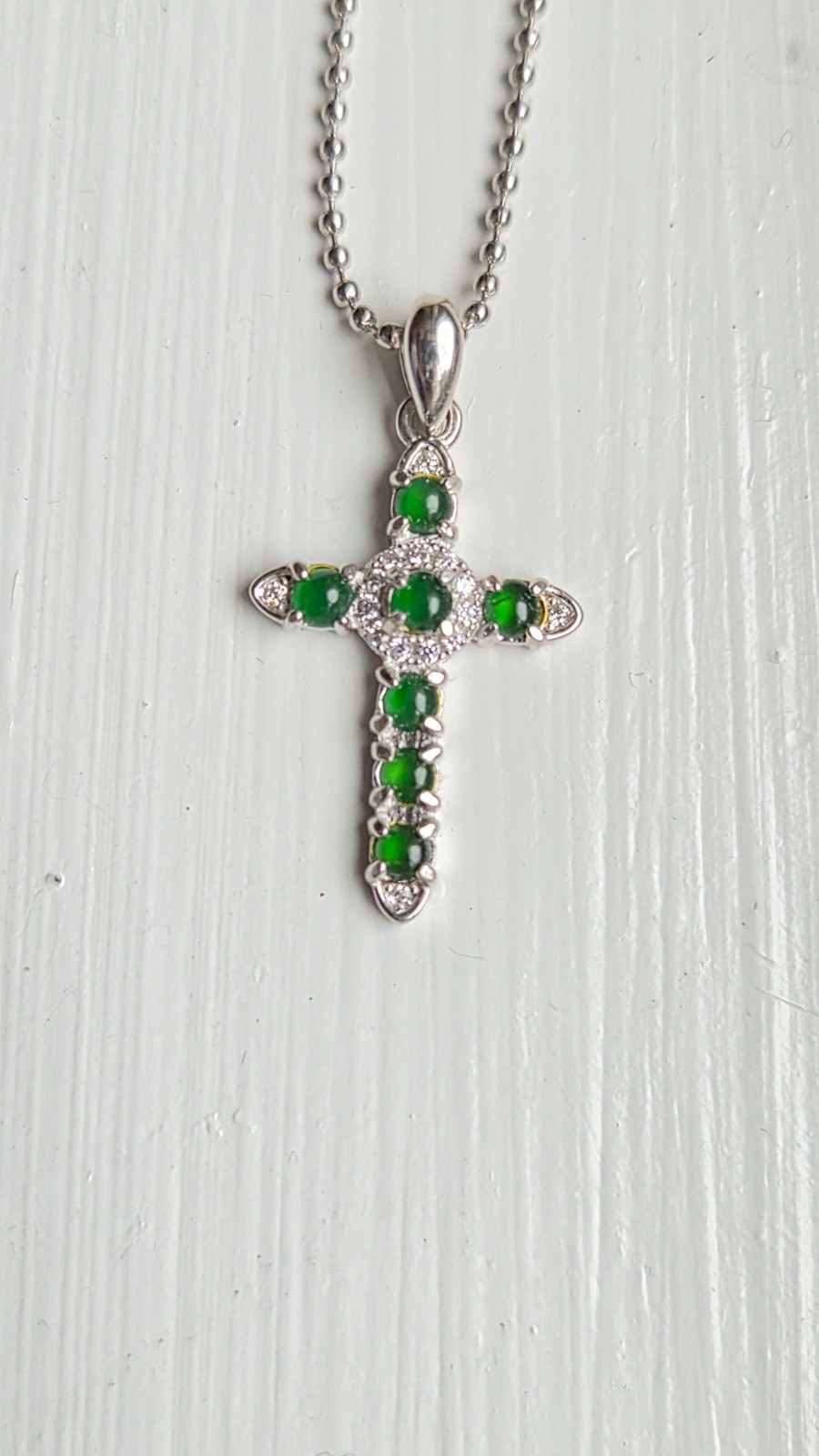 Natural Tiny Green Jadeite Cross pendant necklace in 925 Sterling Silver setting