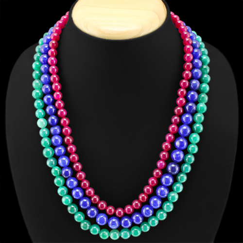 648.00 CTS EARTH MINED ENHANCED RUBY, EMERALD & SAPPHIRE BEADS NECKLACE (RS)