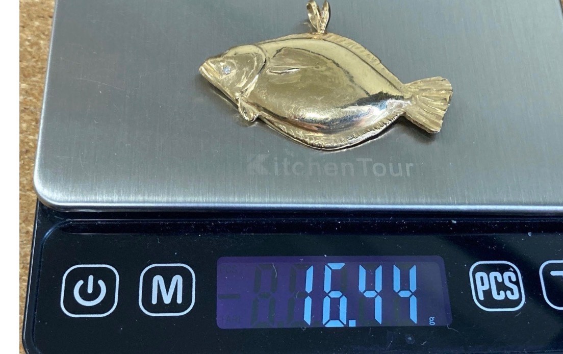 Custom Solid 14K Yellow goldFlounder Pendant Natural Diamond Vintage 16.44 grams