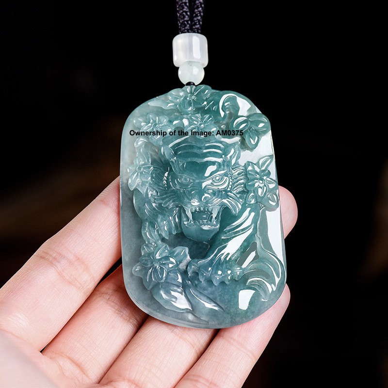 Natural Grade A Jadeite ICY Blue Jade Tiger Pendant Hand-Carved Fine Jewelry