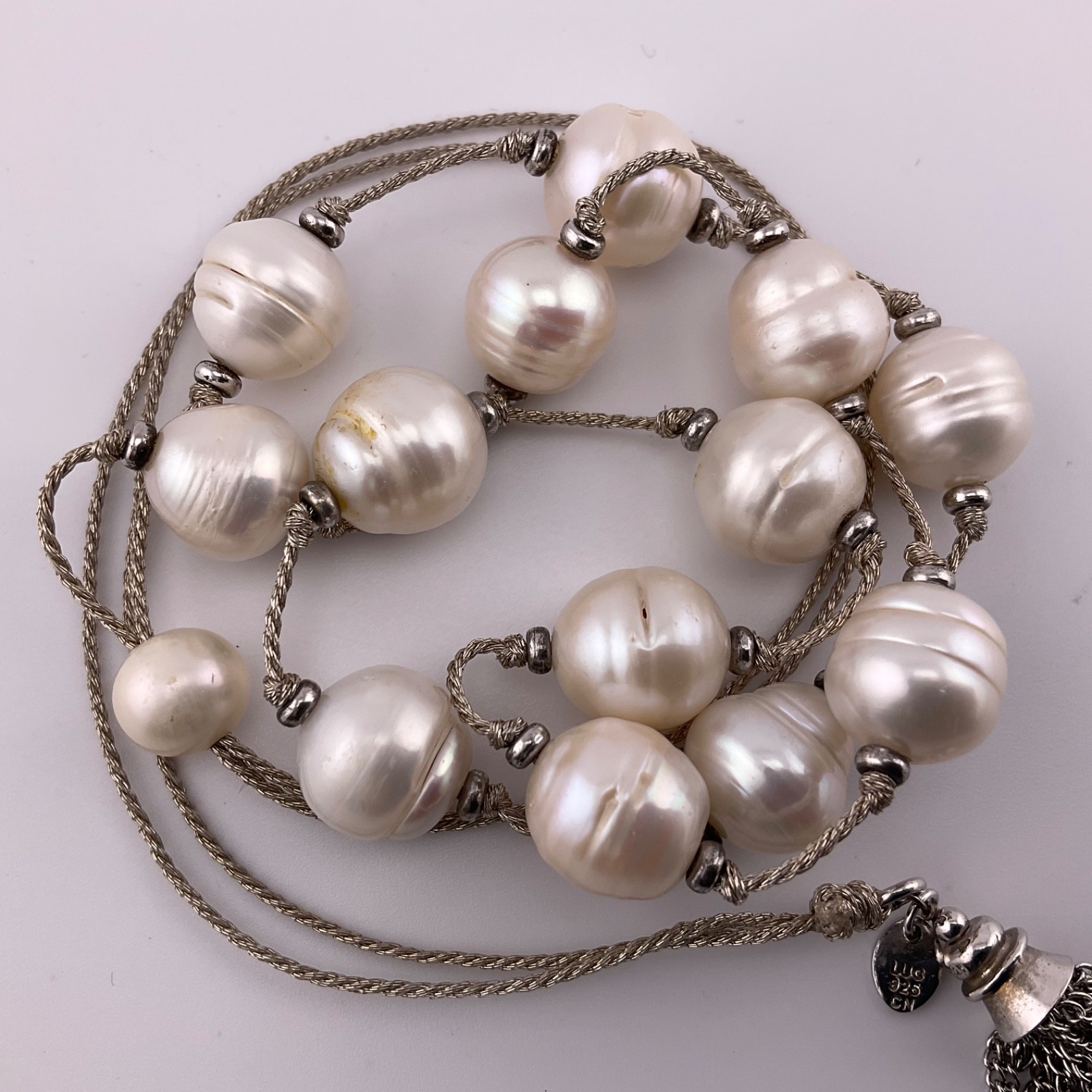 LUC Lucas Lameth Genuine Baroque Pearl Lariat Necklace Sterling Silver Tassel