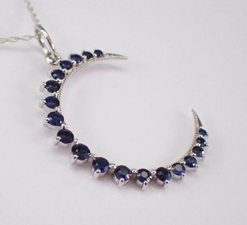 2Ct Lab Created Blue Sapphire Crescent Moon Pendant 14K White Gold Plated Silver