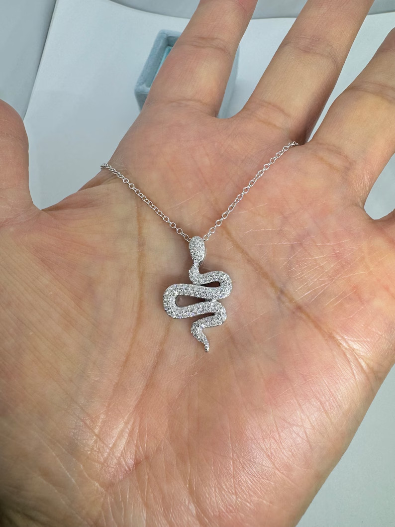 2Ct Round Cut Real Moissanite Snake Pendant 14K White Gold Plated Silver