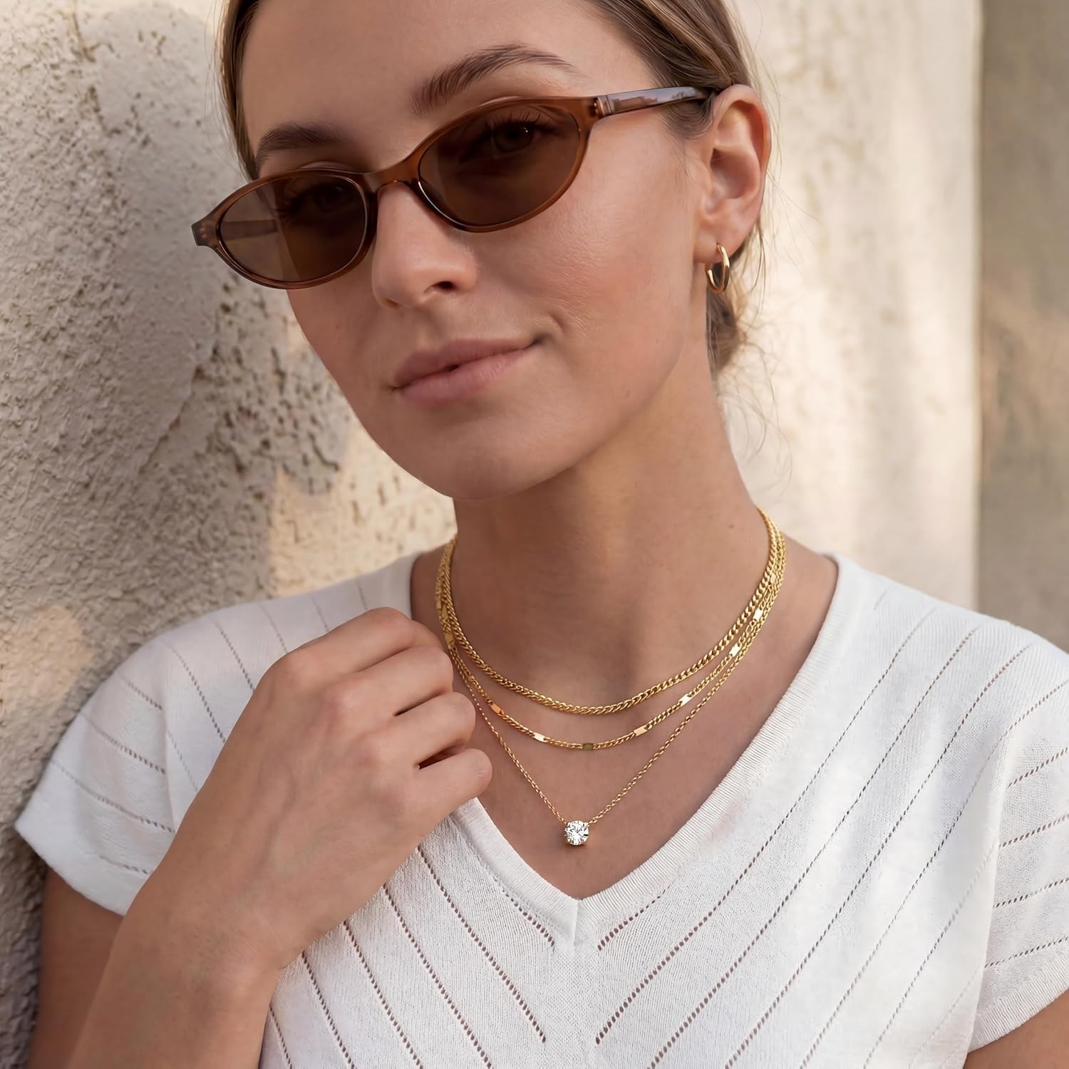 Layered Gold Necklaces for Women, 14K Gold Sterling Silver Plated Dai