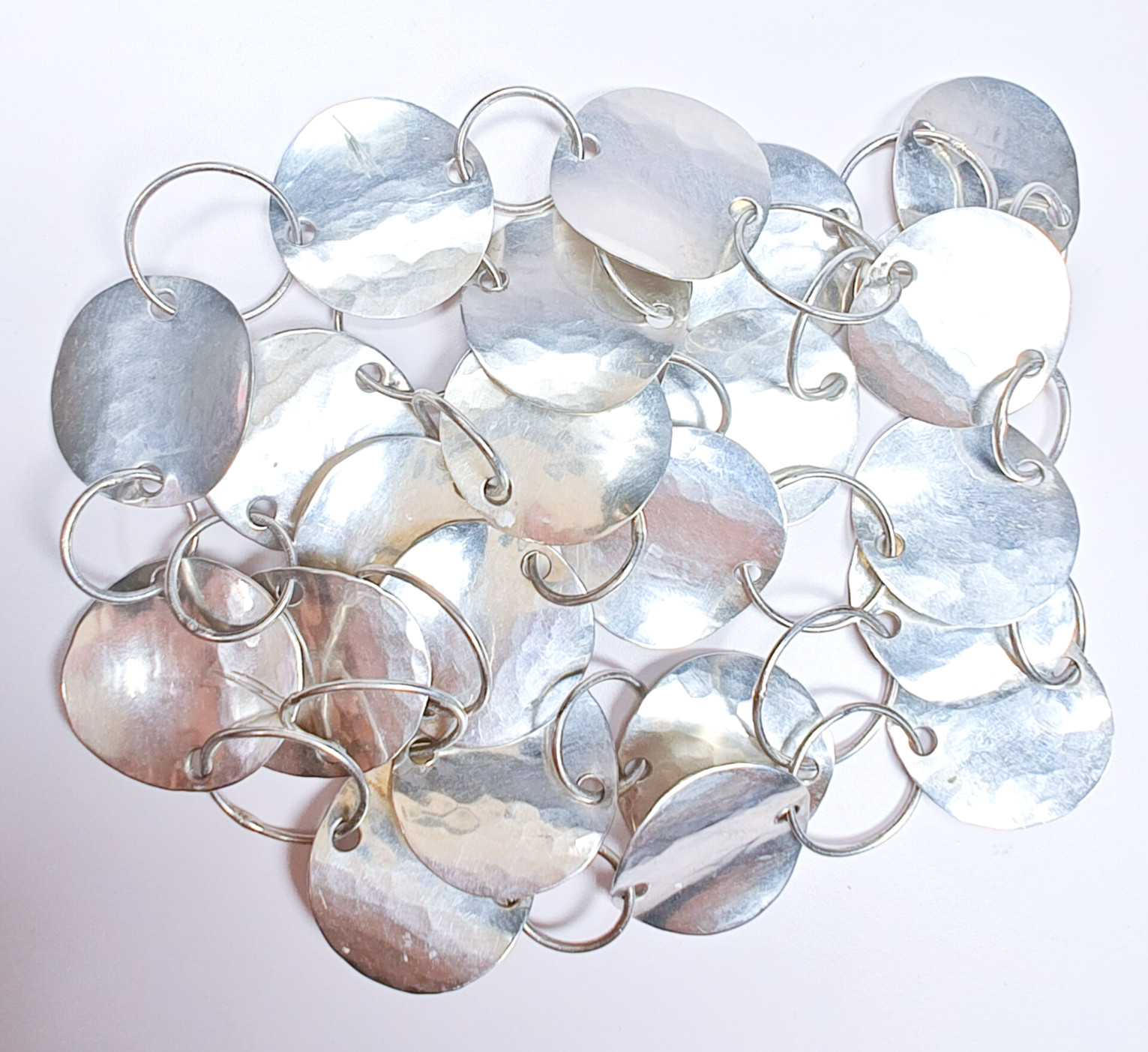 925 Sterling Silver Hammered Disc Link Necklace 26″ 25.22g Large Circles Tested