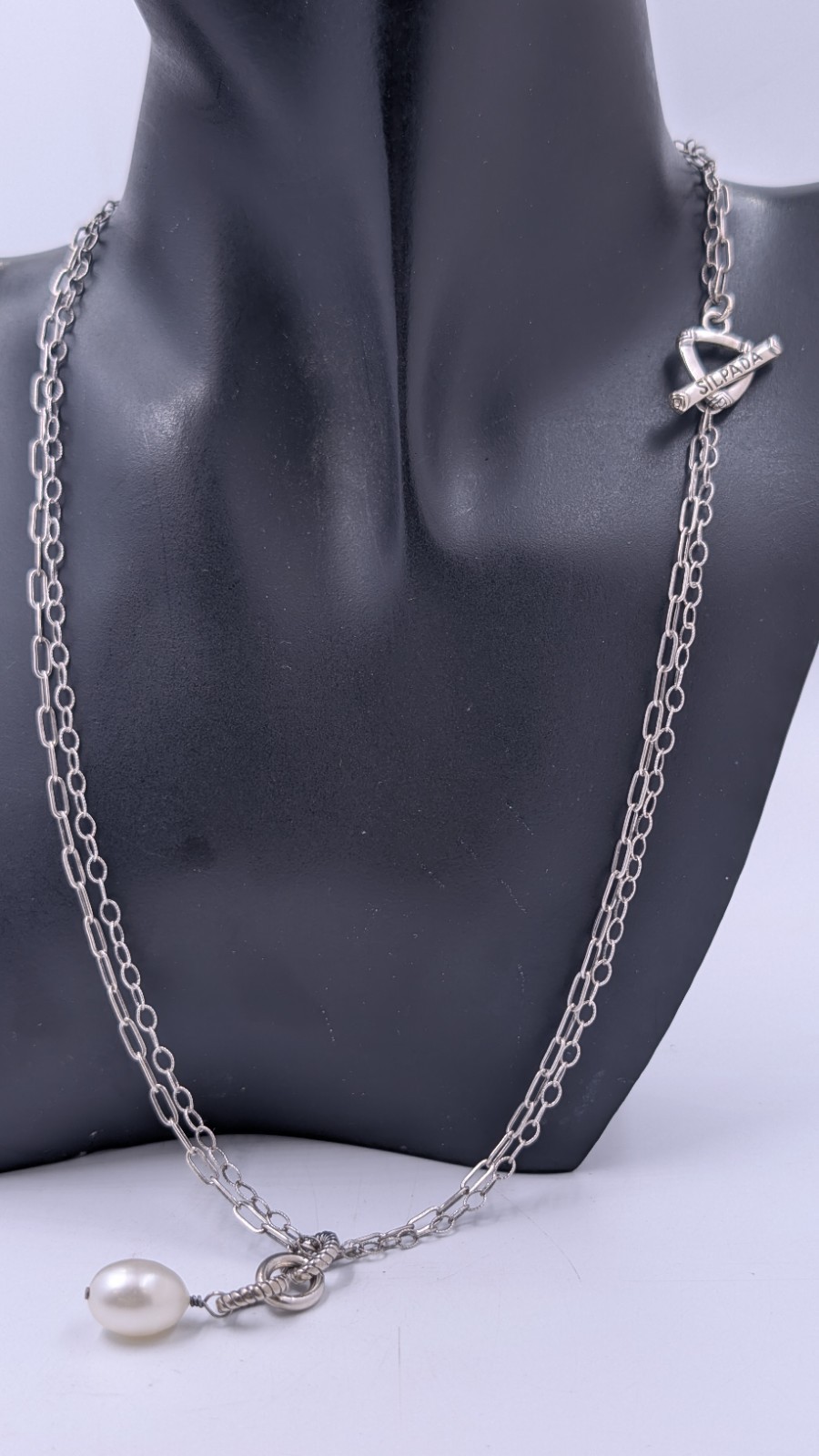SILPADA N1353 Sterling Silver Freshwater Pearl Double Chain Necklace Toggle 19″
