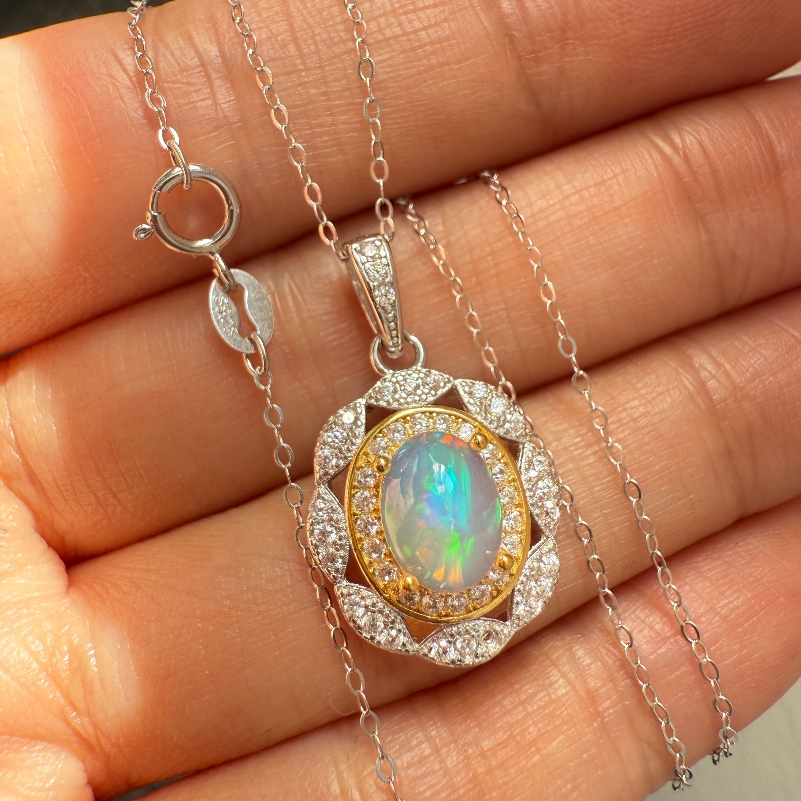 925 Sterling Silver Necklace 8x6mm Natural Opal 14K Gold Plated Flower Chain NEW