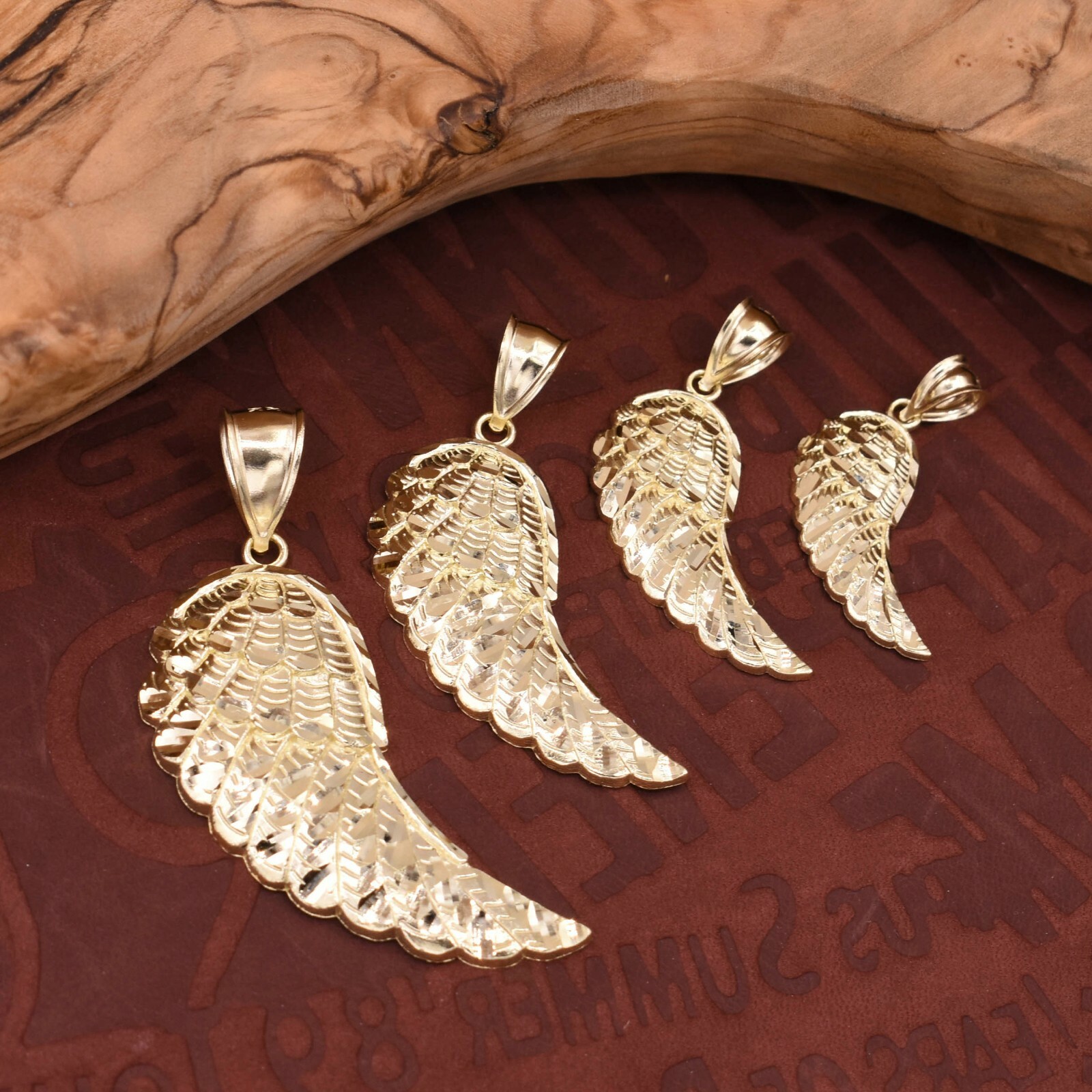 Diamond-Cut Angel Wing Pendant Charm Real 10K Yellow Gold ALL SIZES