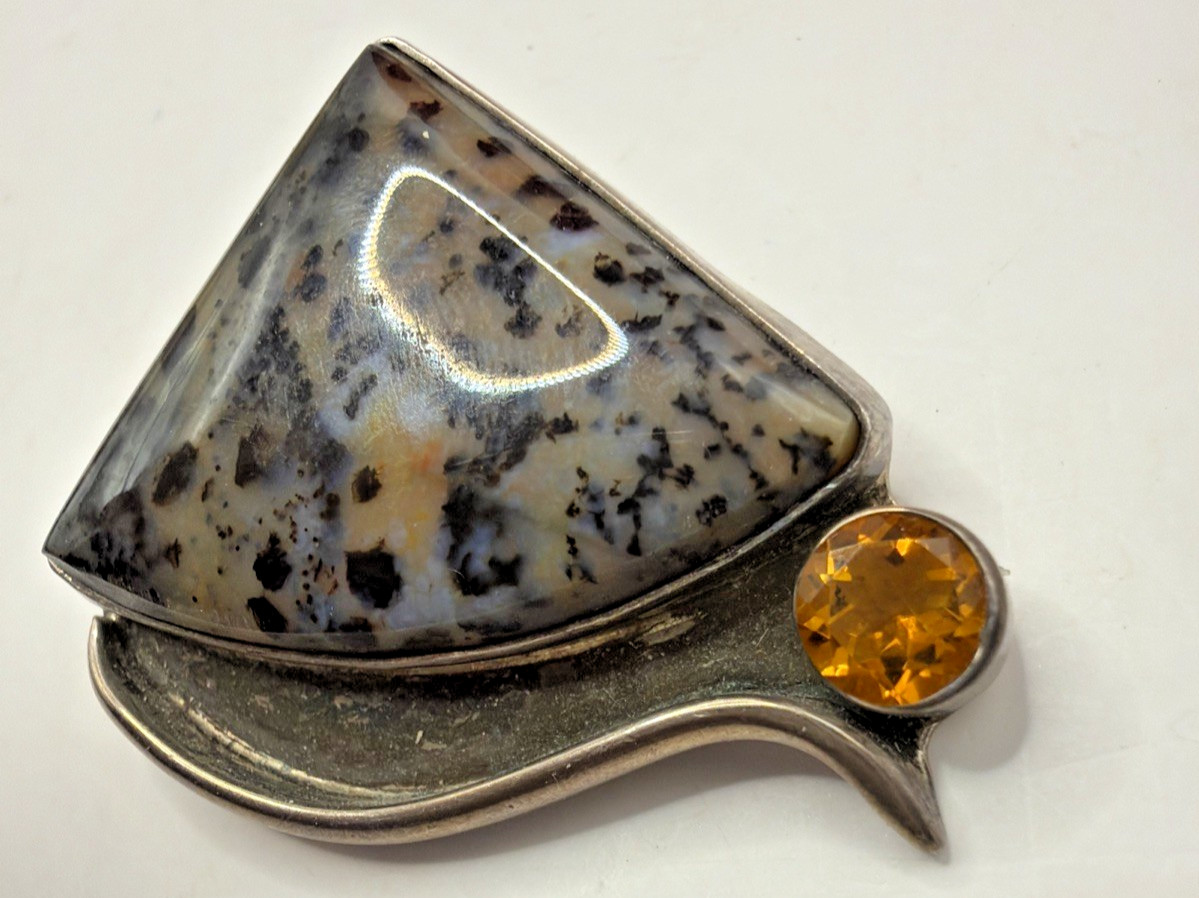 Sterling Silver Montana Agate & Citrine Pendant 15.27 Grams THICK Bezel Artisan