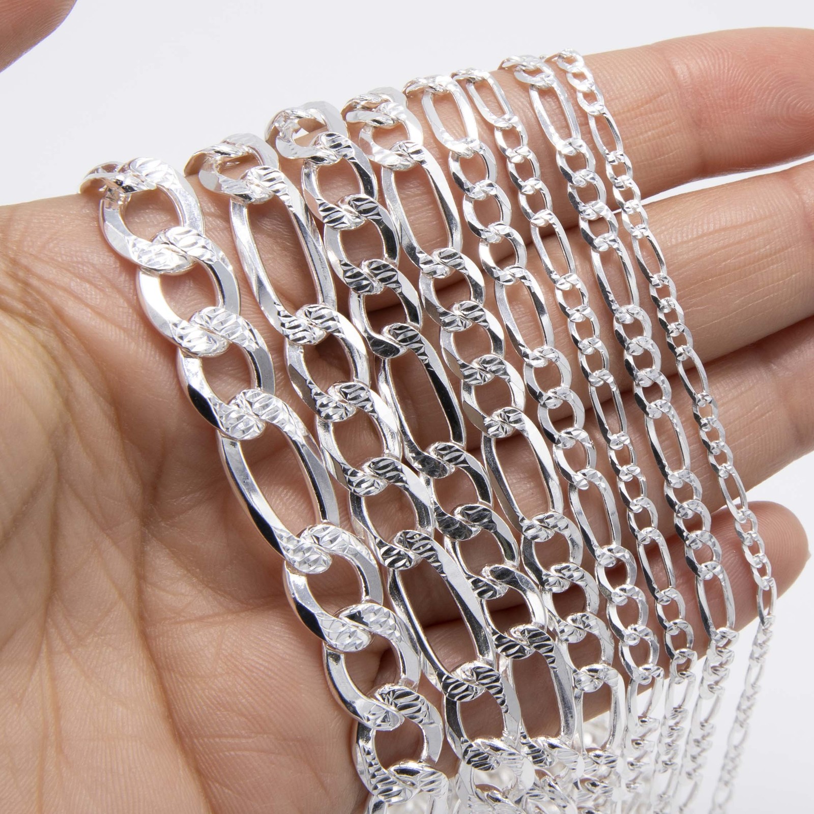 Diamond-Cut Reversible Figaro Chain Solid Sterling Silver 925 Italy All Sizes