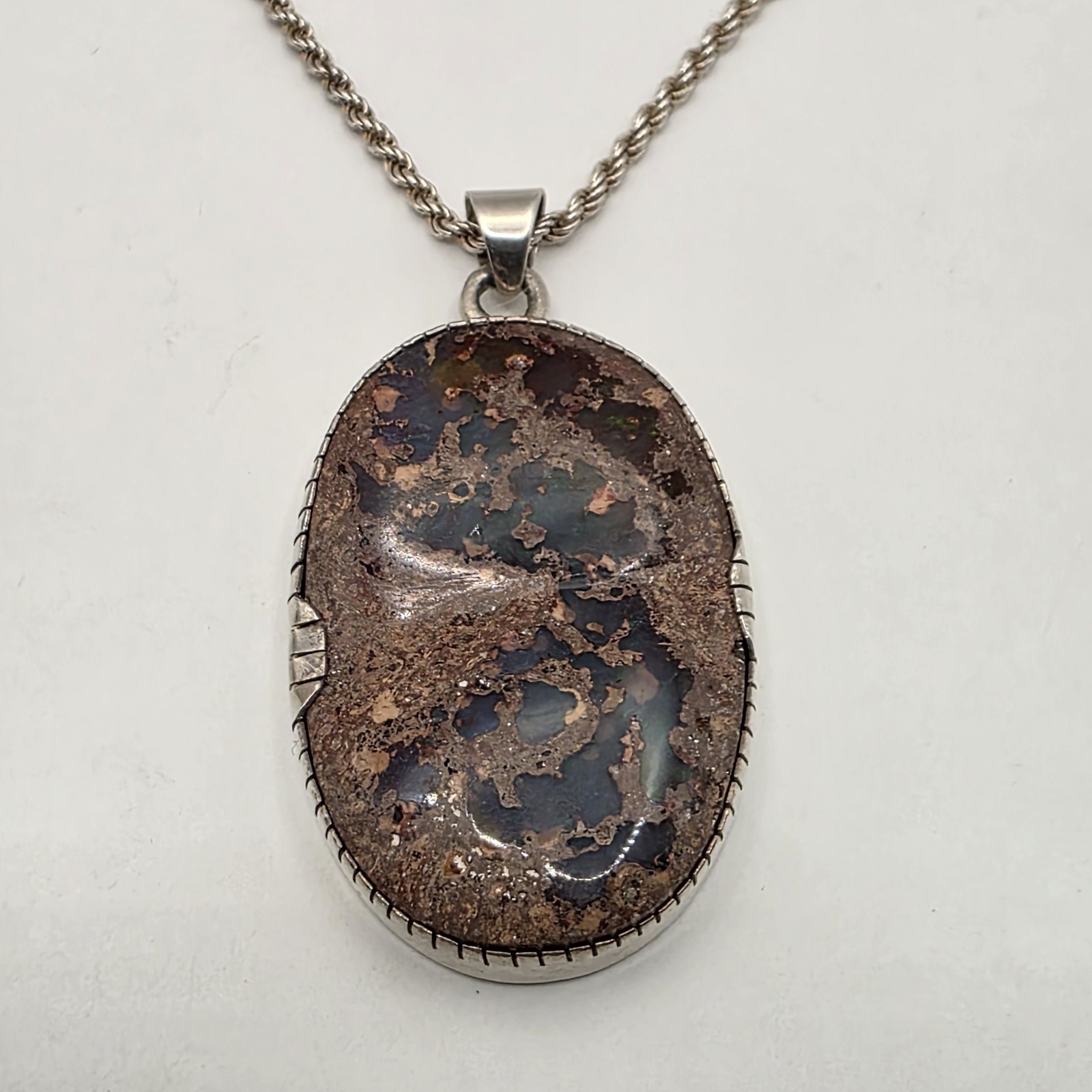 Vtg Natural Australian Boulder Opal Sterling Silver Pendant Necklace 30″ 42.5g