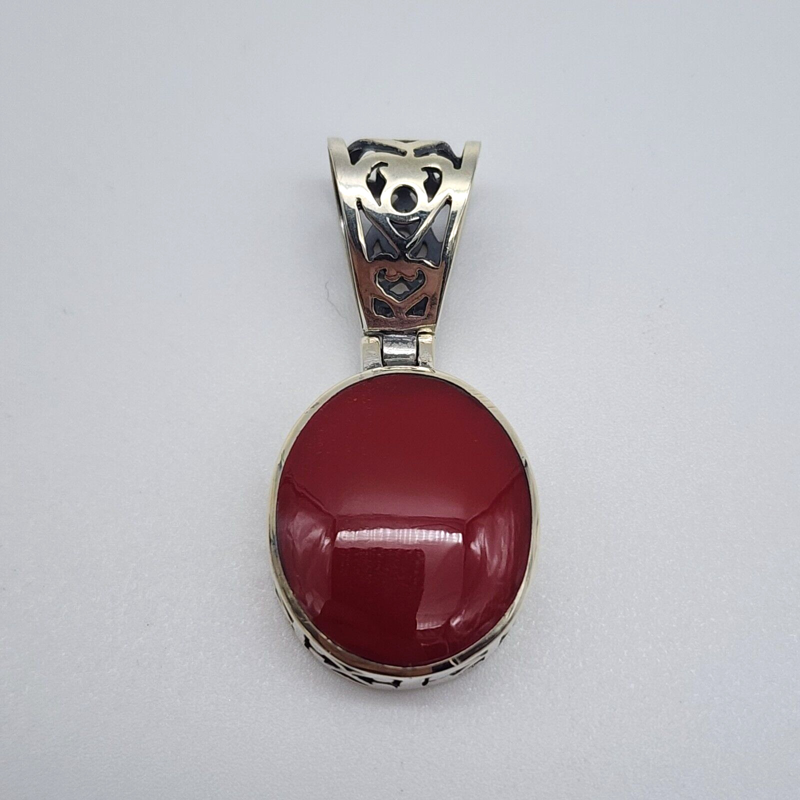 Sterling Silver 925 Red Plastic Resin – Open Work Asian Motif Pendant