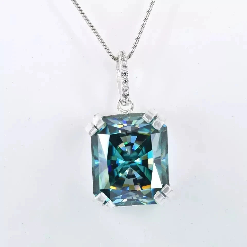 RARE 14.20 Ct Certified Blue Diamond Solitaire Pendant 925 Silver, Radiant Cut !