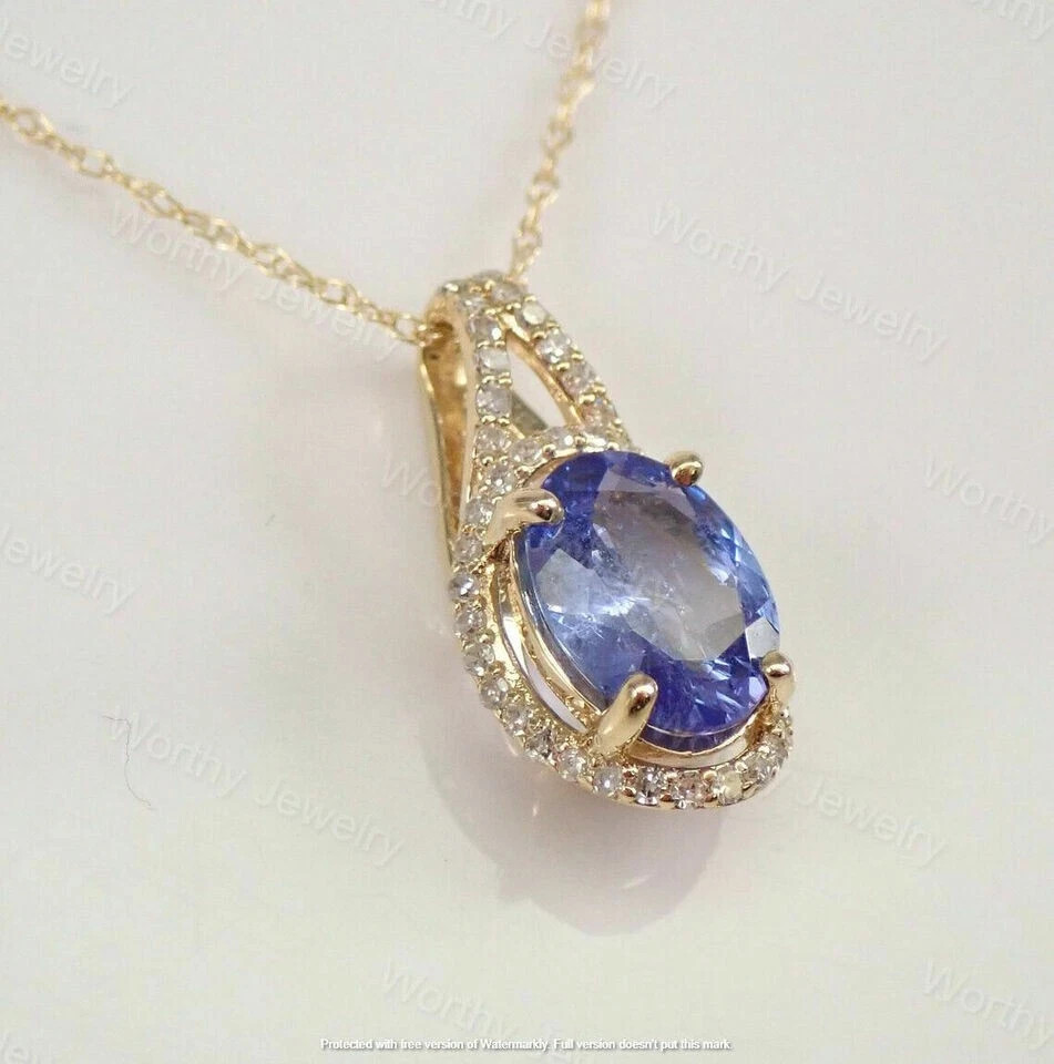 2Ct Oval Cut Blue Sapphire Diamond Halo Pendant Necklace 14K Yellow Gold Finish