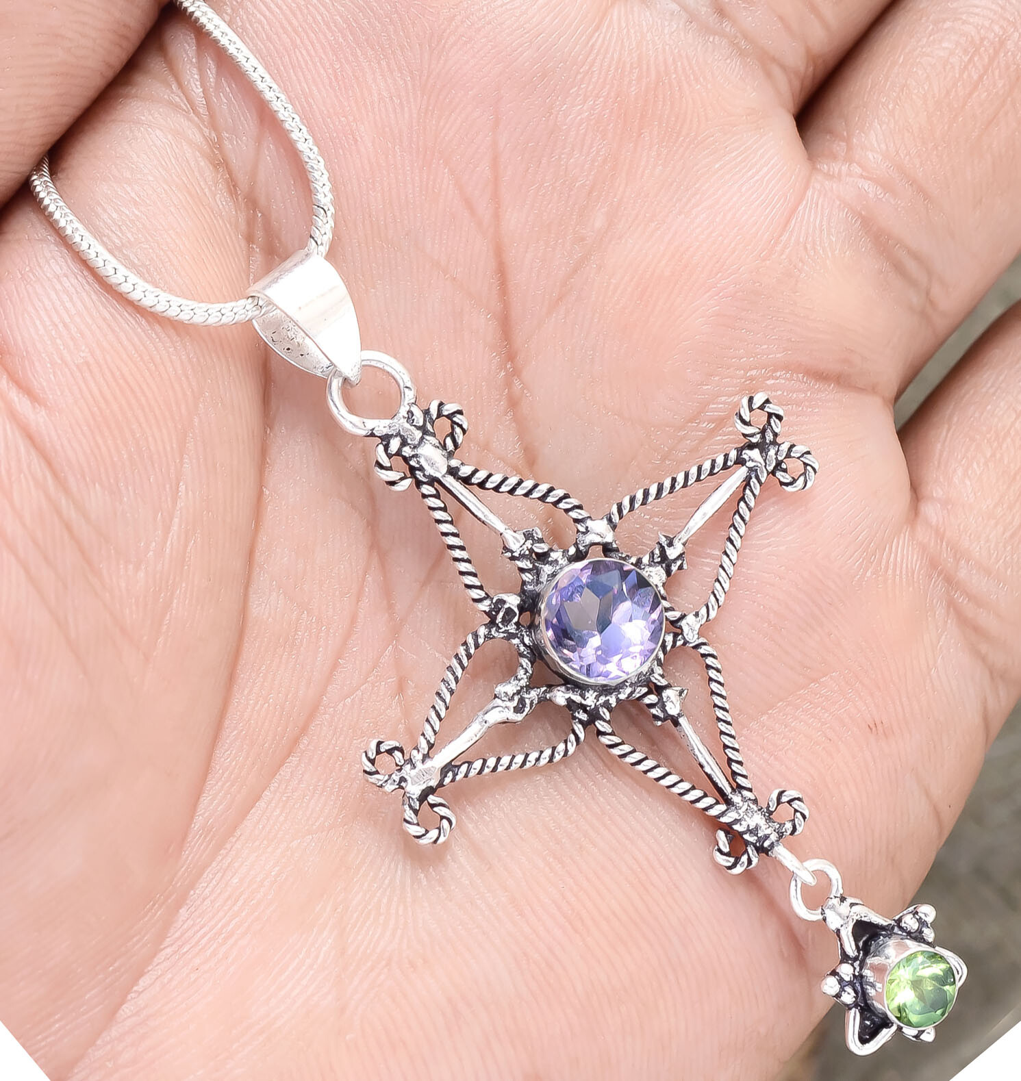 Amethyst Cut & Peridot Cut Gemstone 925 Sterling Silver Cross Beauty Art Jewelry