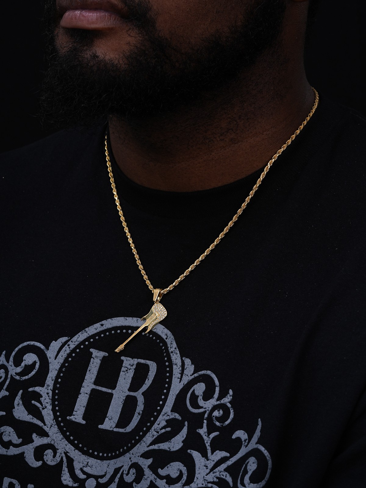 Real 925 Silver / 14k Gold Plated Electric Guitar Rockstar Pendant Necklace CZ