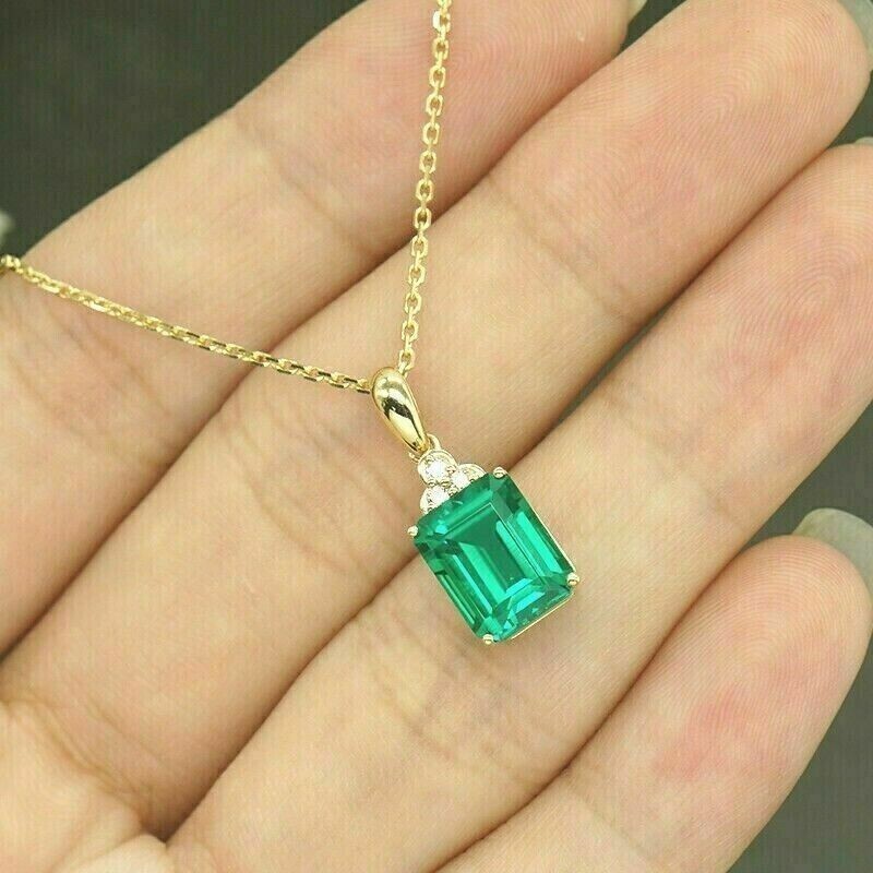 3.2Ct Emerald Lab Created Emerald Pendant 14k Yellow Gold Plated 18” Free Chain