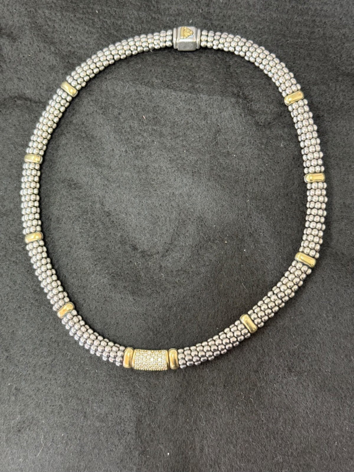 $1,750 Lagos Caviar Sterling Silver 18k Yellow Gold Pave Diamond Beaded Necklace