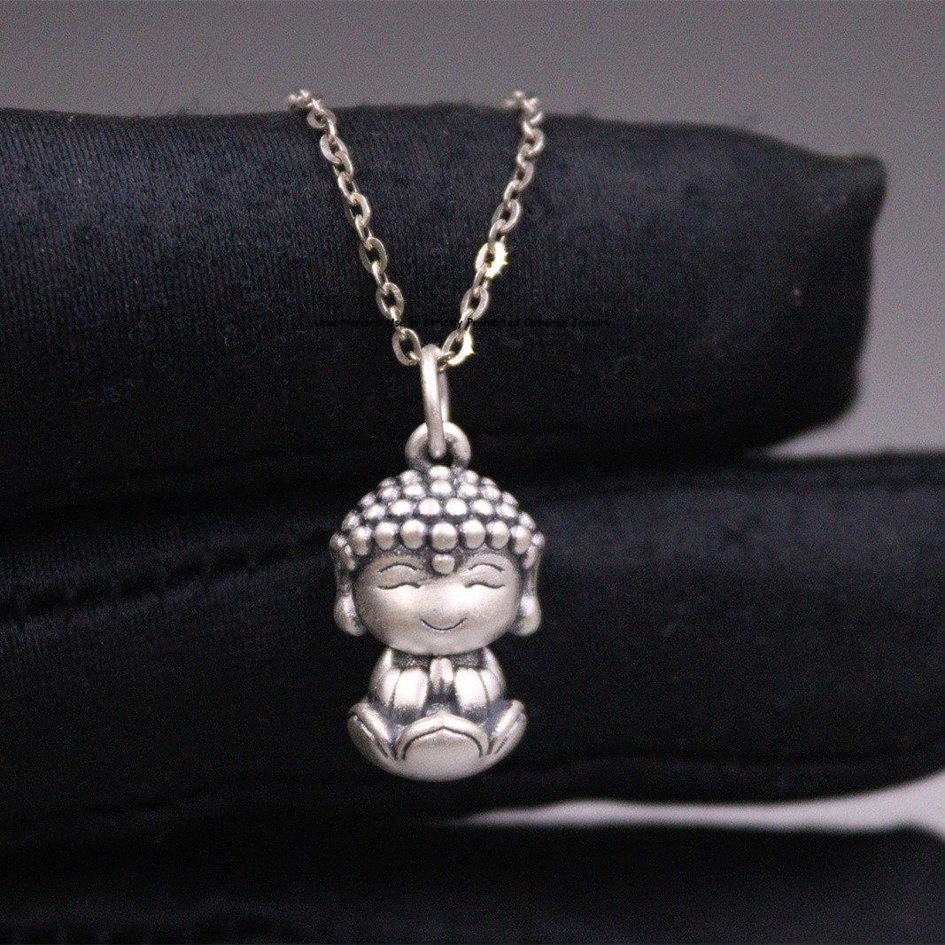 Pure S999 Fine Silver 999 Men Women Lucky Small Lotus Buddha Pendant 1.5-1.6g