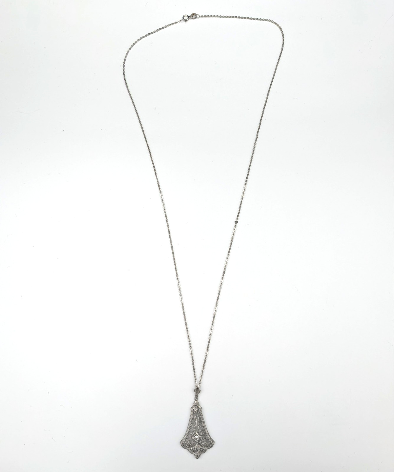 Antique 10k White Gold Filigree Pendant W/ Diamond On 14k White Gold Chain