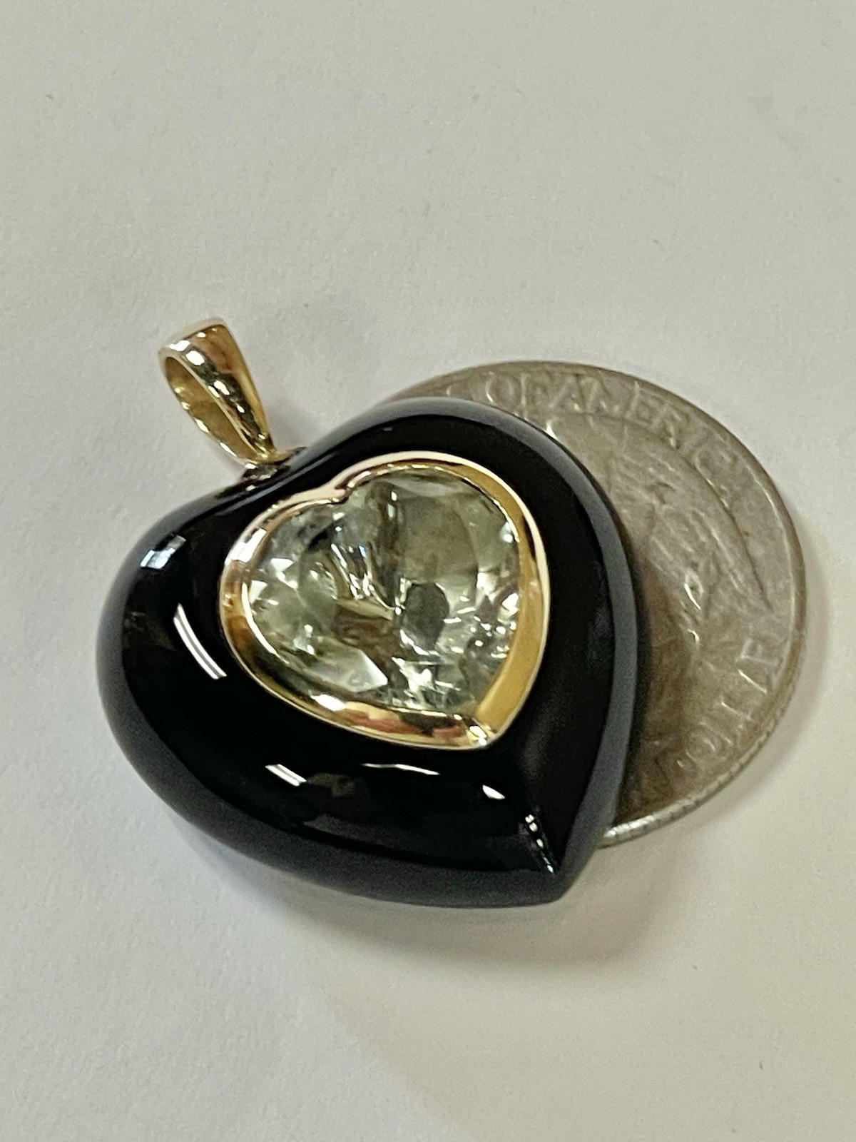 14 K Yellow Gold Ladies Heart Pendant Black Onyx Blue Topaz