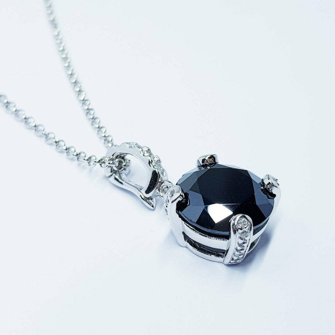 2Ct Round Cut Black Diamond Solitaire Pendant Free Chain 14K White Gold Finish