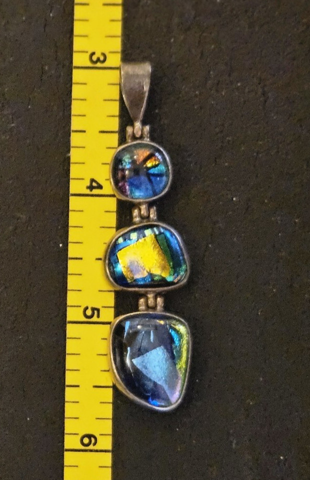 925 Sterling Silver Dichroic Art Glass Triple Drop Pendant Green Blue
