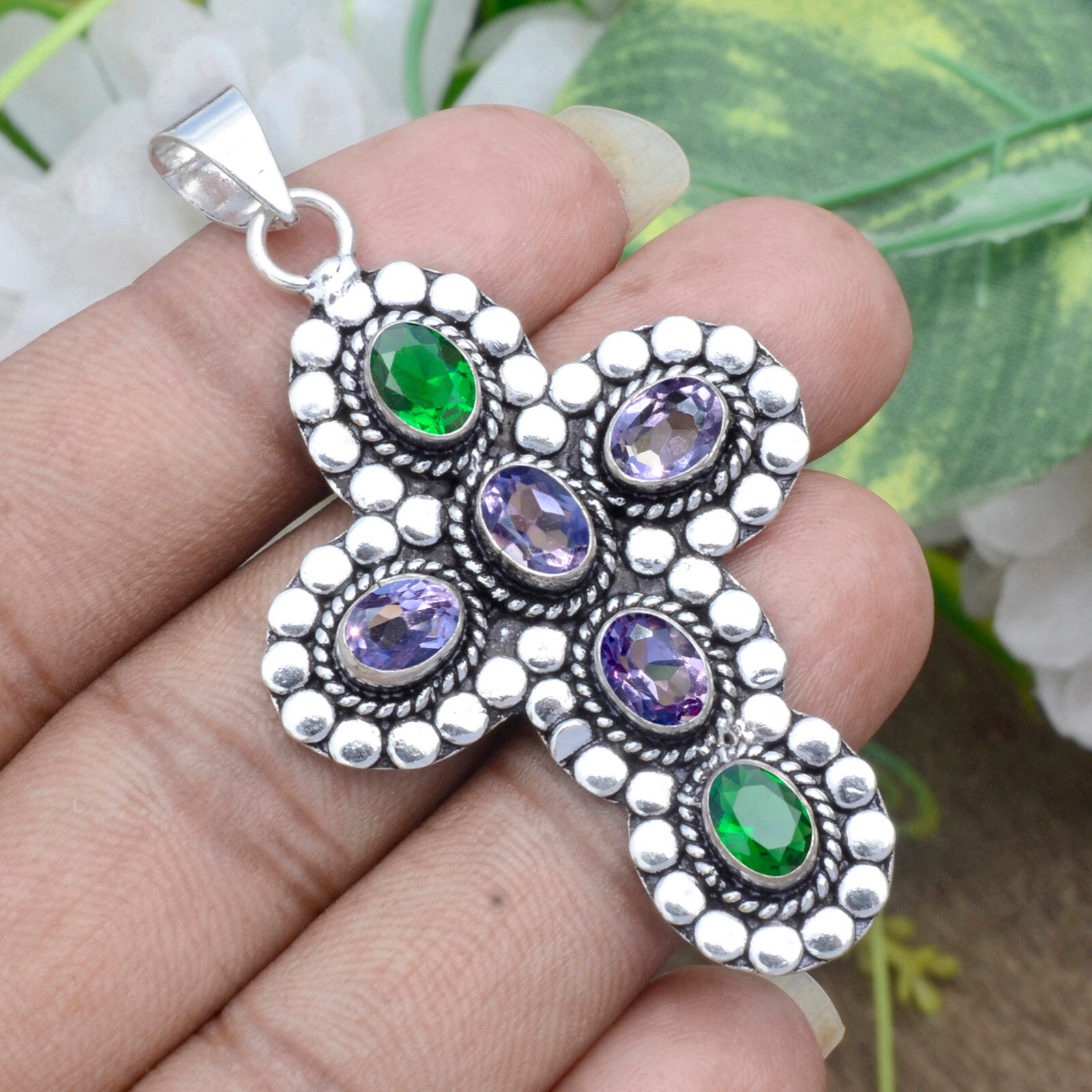 Amethyst Cut & Diopside Gemstone Pendant 925 Sterling Silver Beauty Art Cross