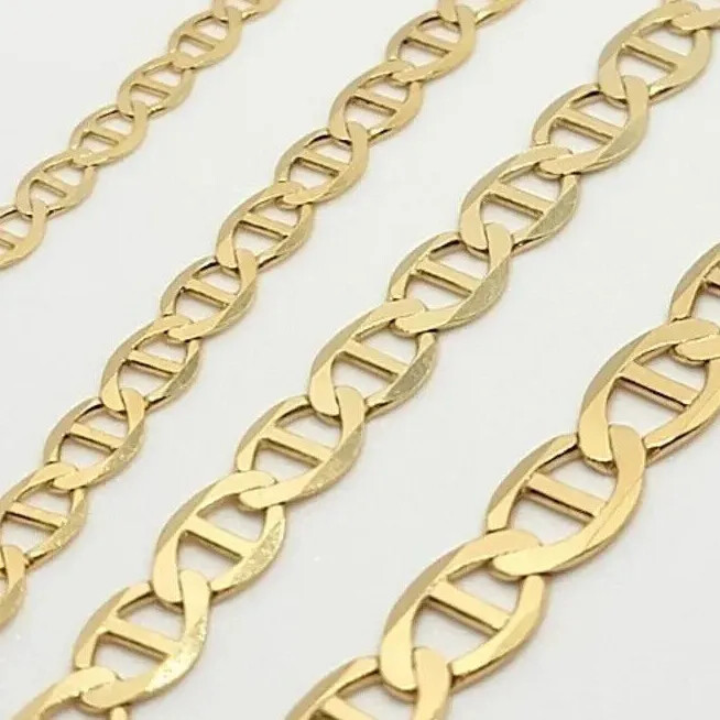 10K Solid Yellow Gold Mariner Link Chain Bracelet Necklace 3.2mm~6mm Size 7″~26″