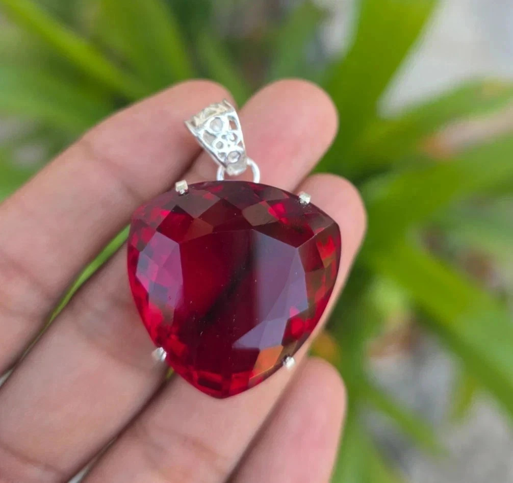 Natural 22 Ct Red Ruby Trillion Certified Loose Gemstone 925Solid Silver Pendant