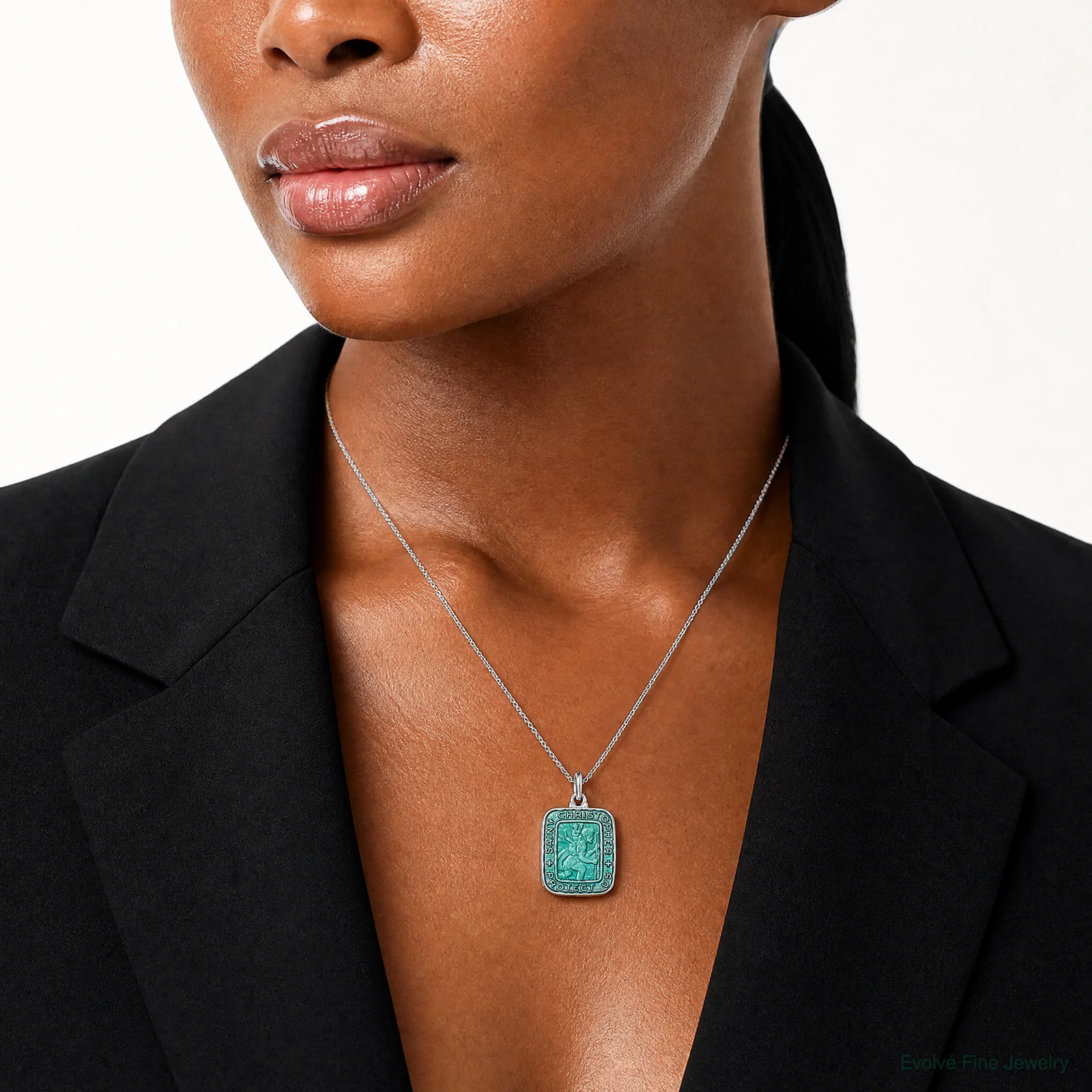 Sterling Silver Teal Enamel Square St. Christopher Medal Pendant