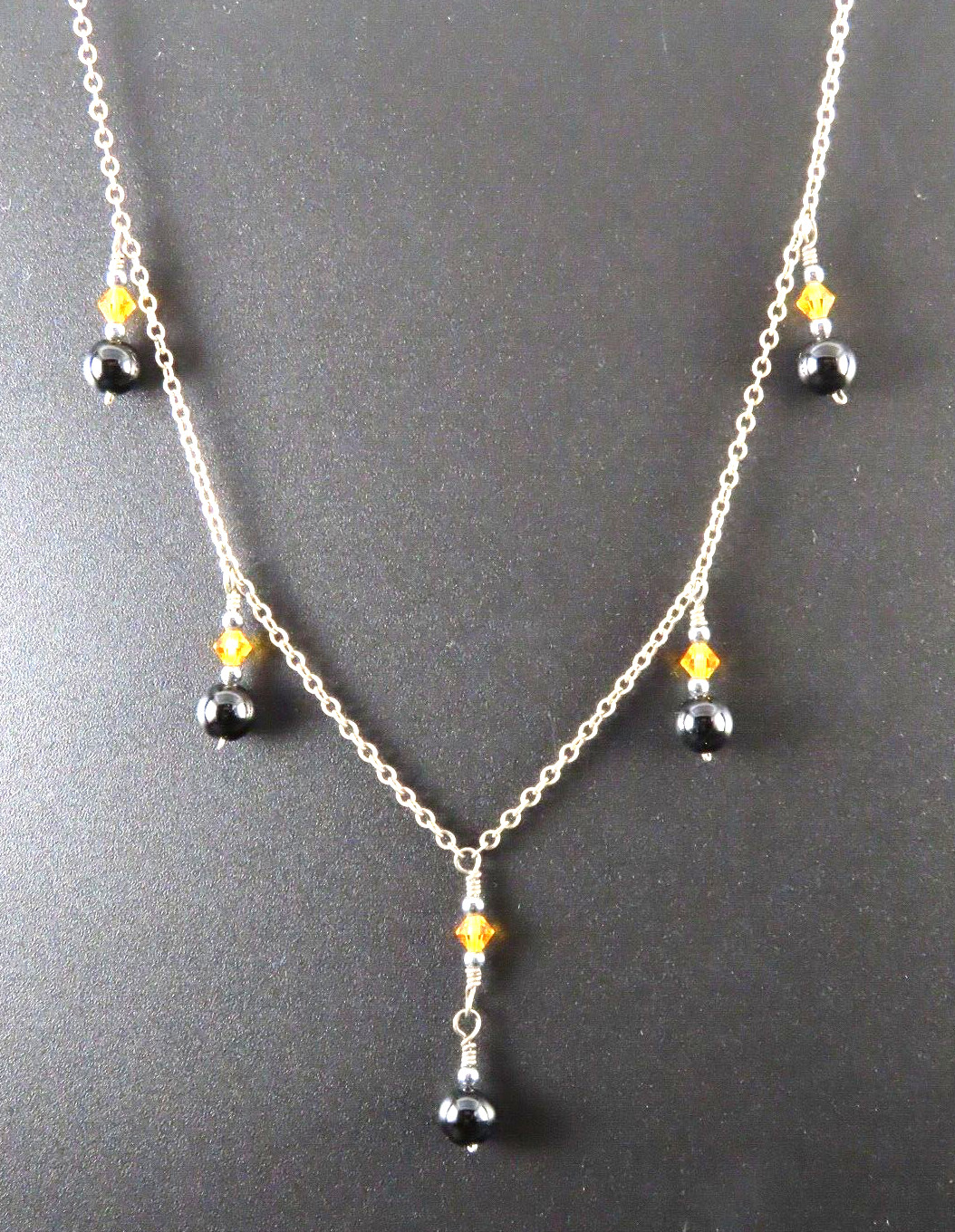 VTG STERLING SILVER Chain Necklace BEADED STATION DROPS Dangles BLACK ORANGE