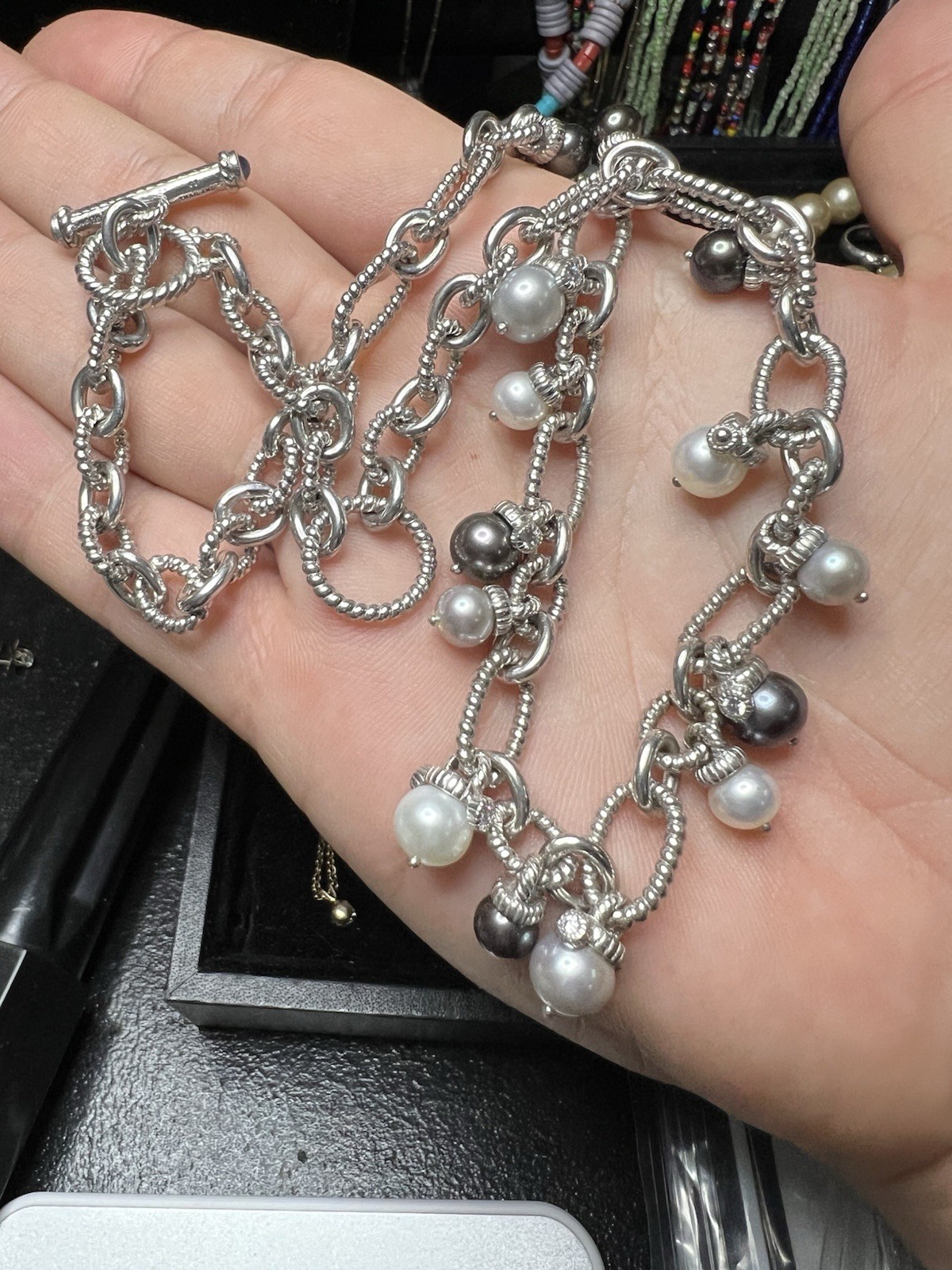 Designer Signed Judith Ripka Sterling Silver Pearl Toggle Necklace 18-20”