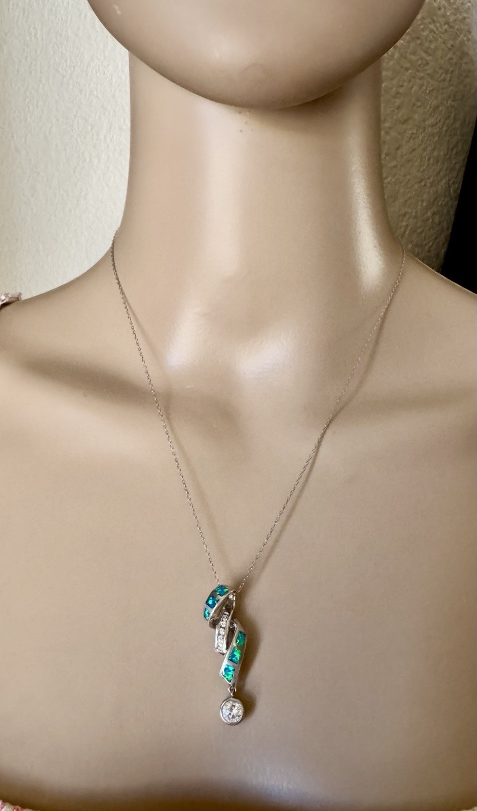 Sterling Silver 925 30mm Twisted Pendant necklace Lab Opals And Clear Stones 18”