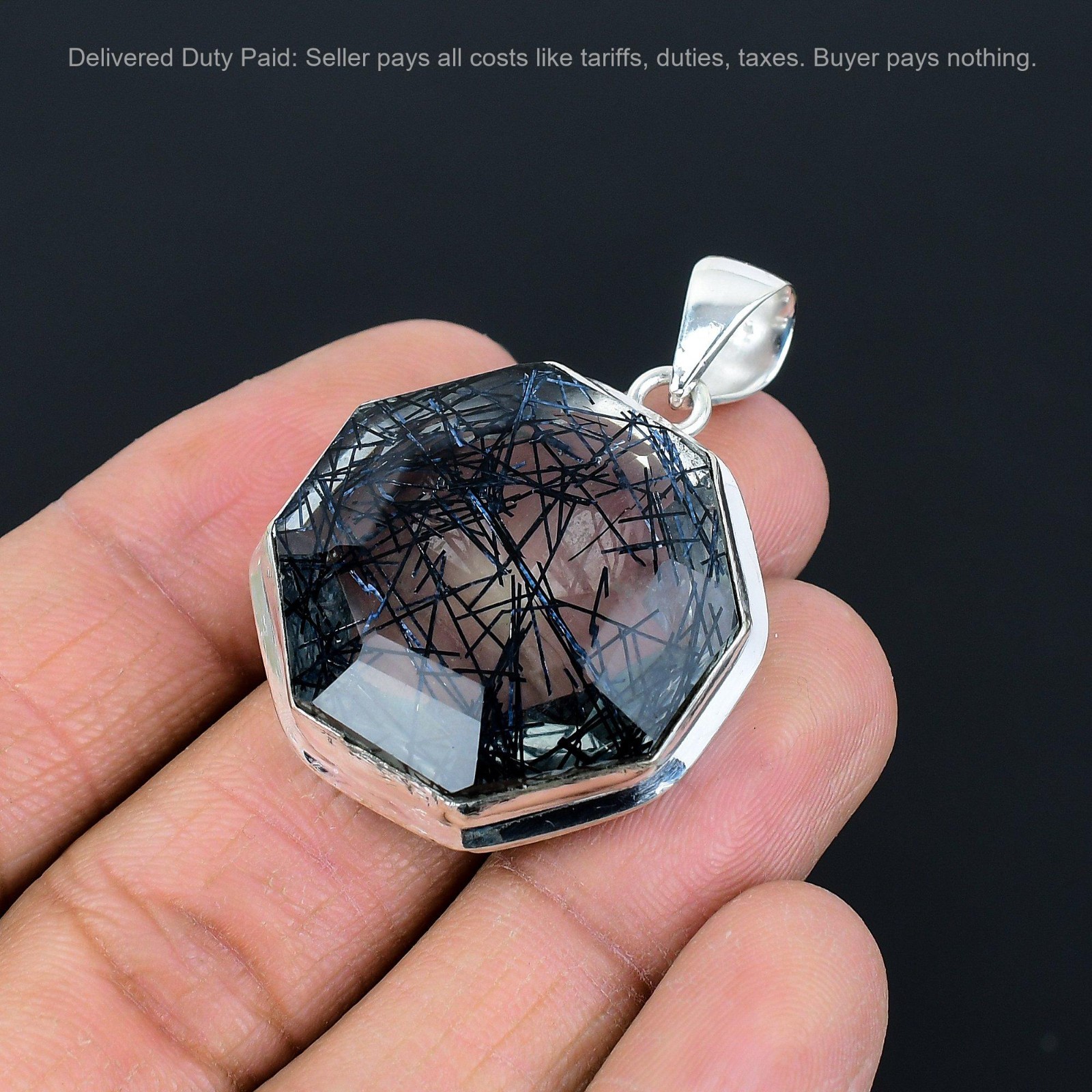 Octagon Black Rutile Gemstone 925 Sterling Silver Anniversary Birthday Pendant