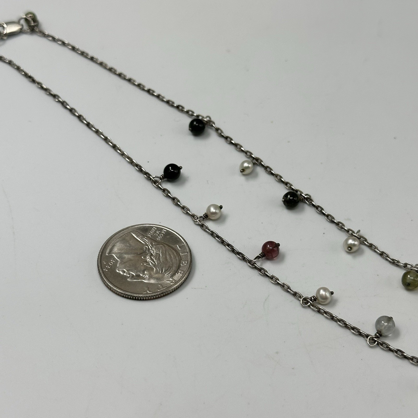 Sterling Silver Mixed Gemstone Pearl Station Necklace Dangling Multicolor Beads