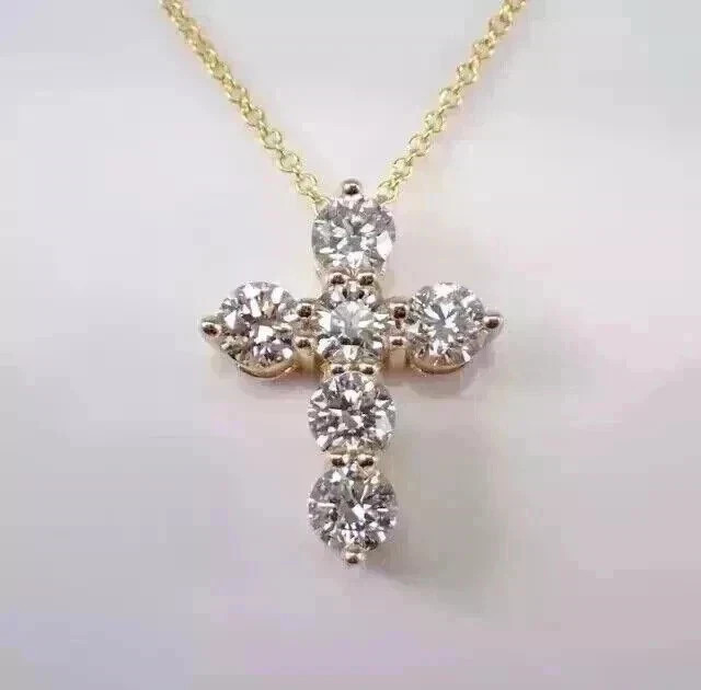 Lab Grown Diamond Small Cross Pendant 1.40 Ct Round Cut 14K Yellow Gold Plated