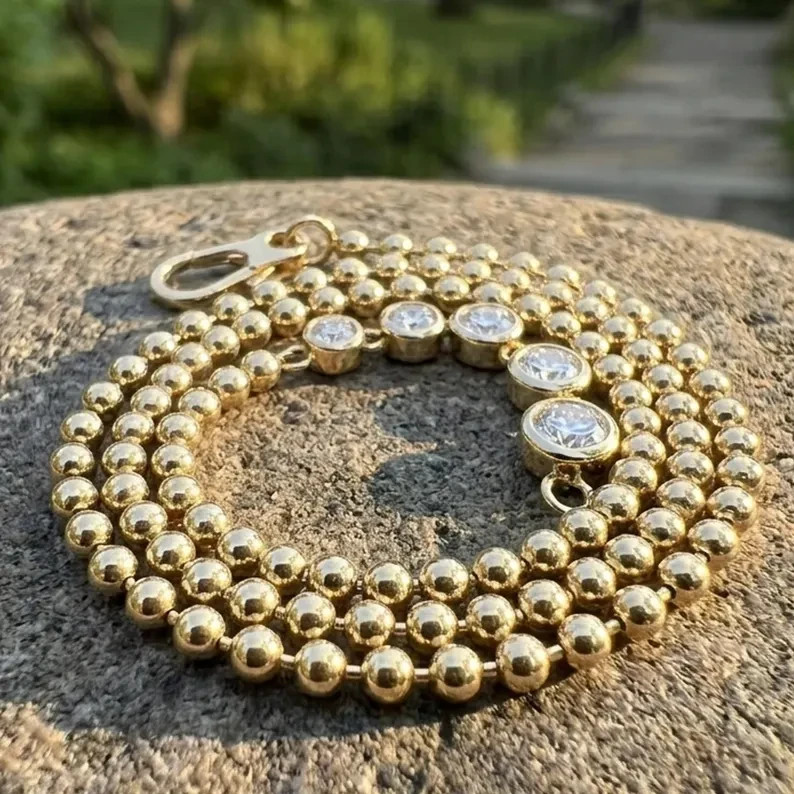 2.80Ct Moissanite Beaded Chain Necklace Charm Holder Clasp 14K Gold Plated 17″