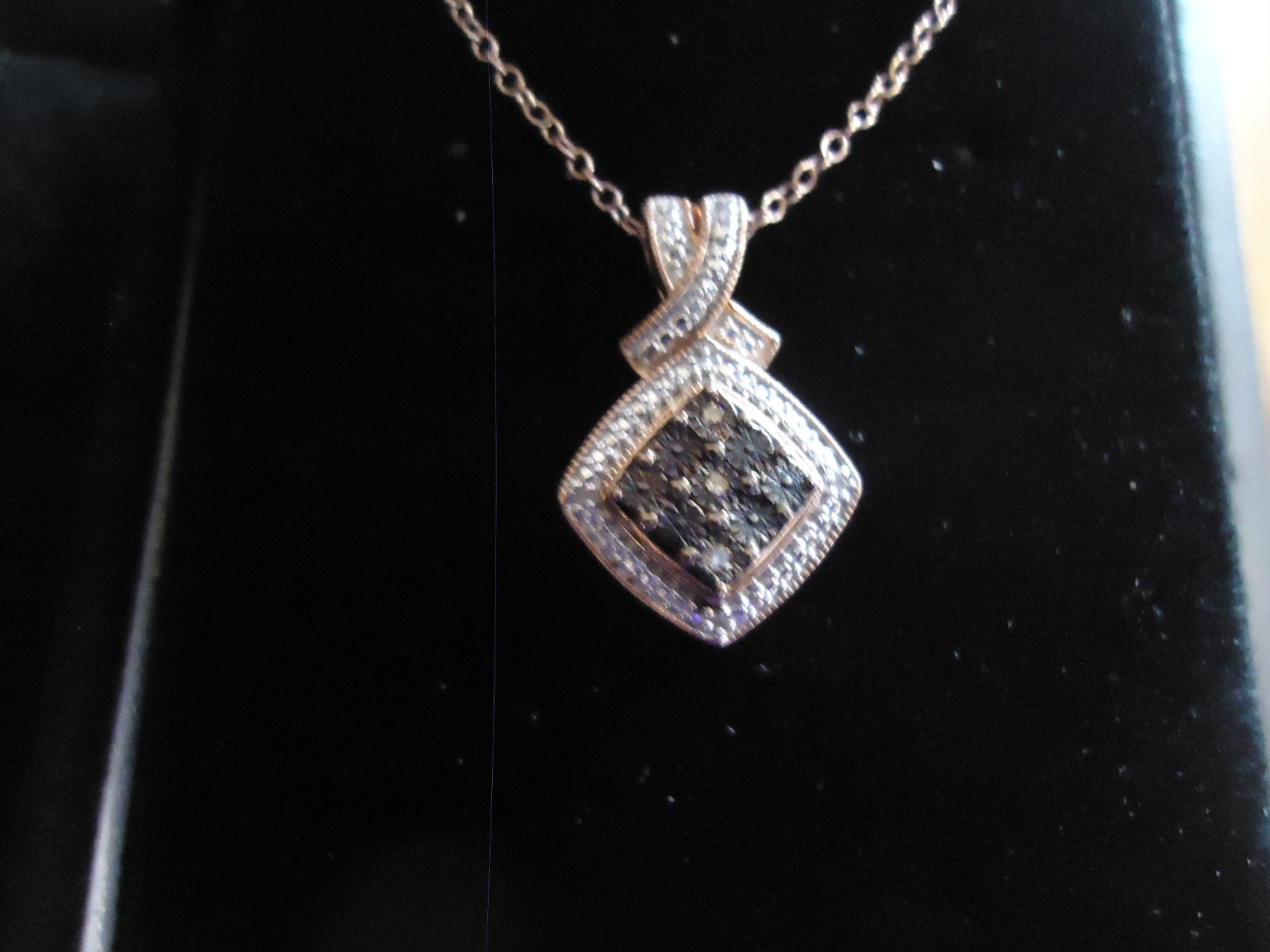 9.25 Sterling Silver Rose Gold Tone Necklace With Diamond shape Pendant Clear st