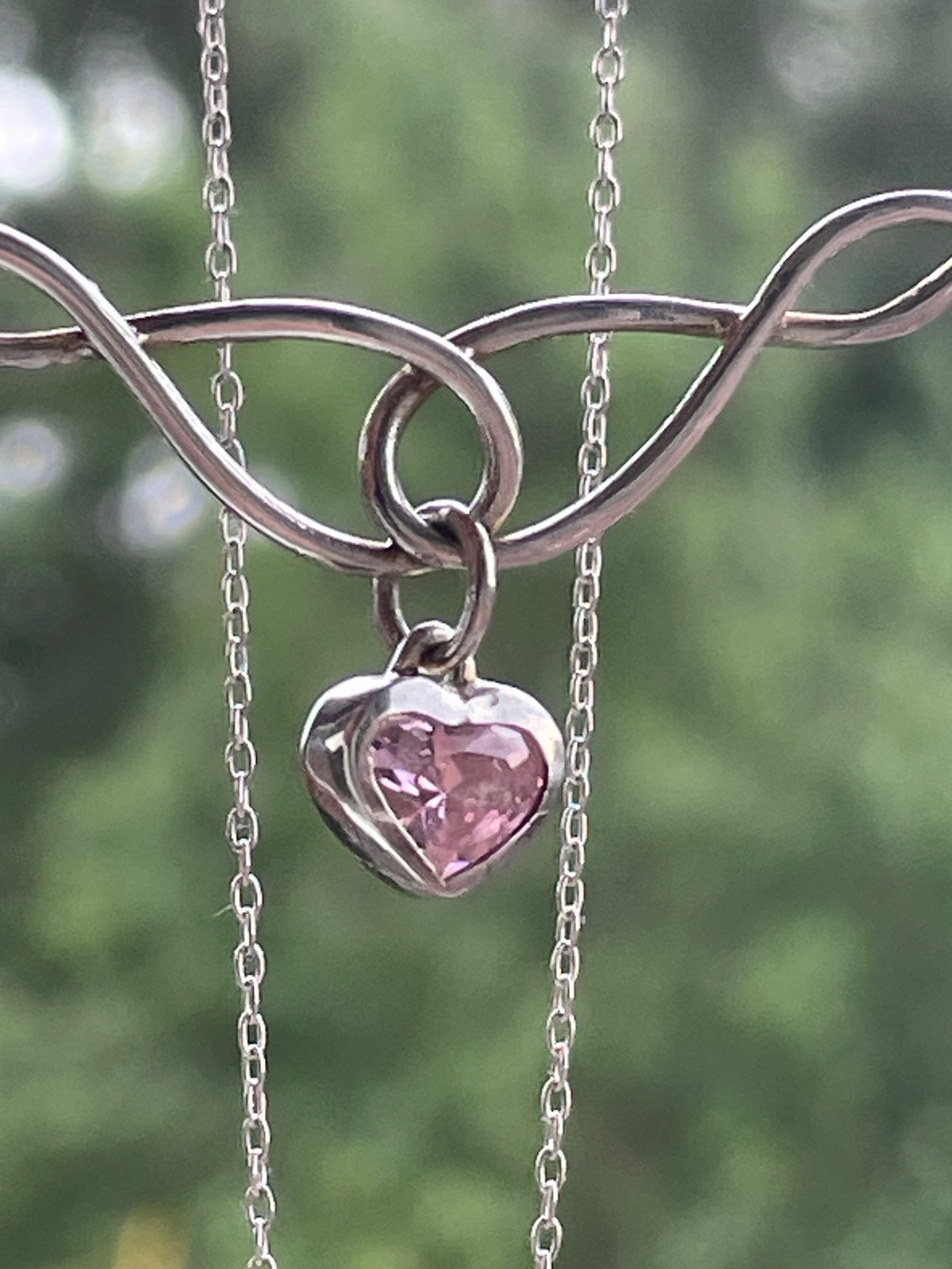 925 Sterling Silver Infinity Necklace Pink Heart Stone 40cm Celtic Inspired