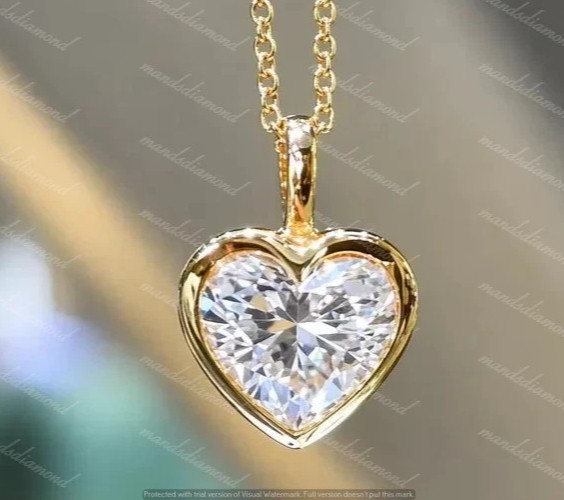 IGI 6.00Ct Heart VS1 Lab Grown Diamond Bezel Necklaces & Pendant 14k Yellow Gold