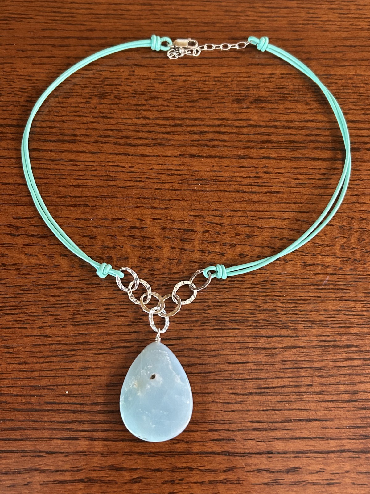 Aqua Amazonite 18″ Corded Necklace Teardrop 40mm Pendant Silver Estate New