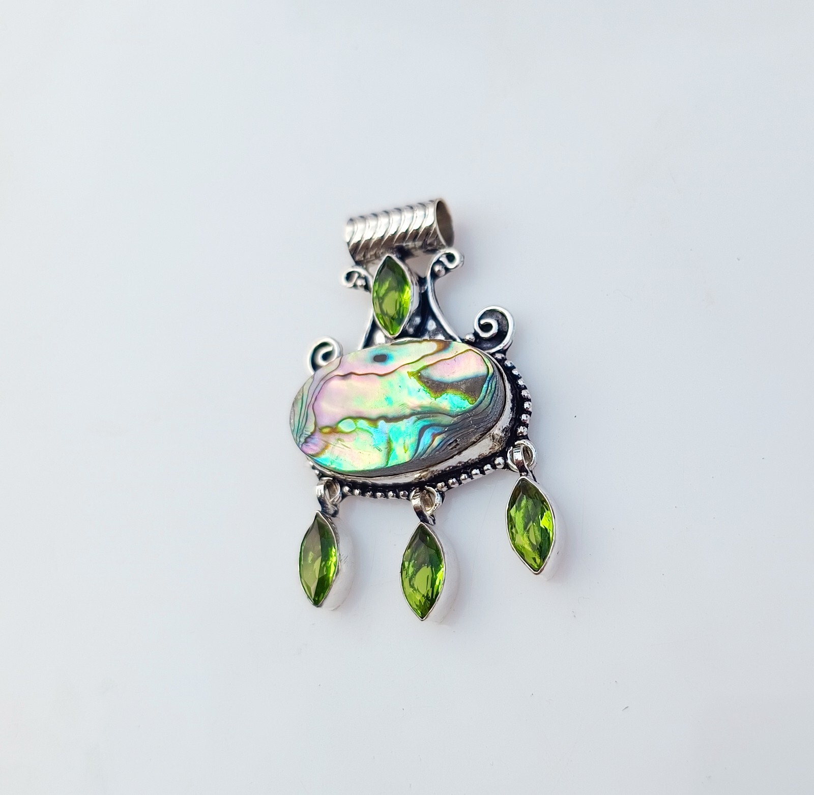 Green Peridot Abalone Pendant 925 Sterling Silver Handmade Gemstone Jewelry Gift