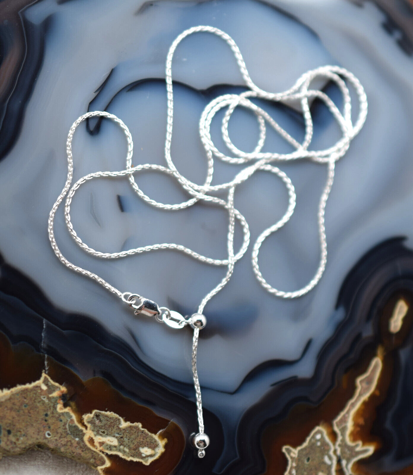 Adjustable 1mm Wheat Chain Necklace 925 Sterling Silver 16″ to 30″ Ball Slide