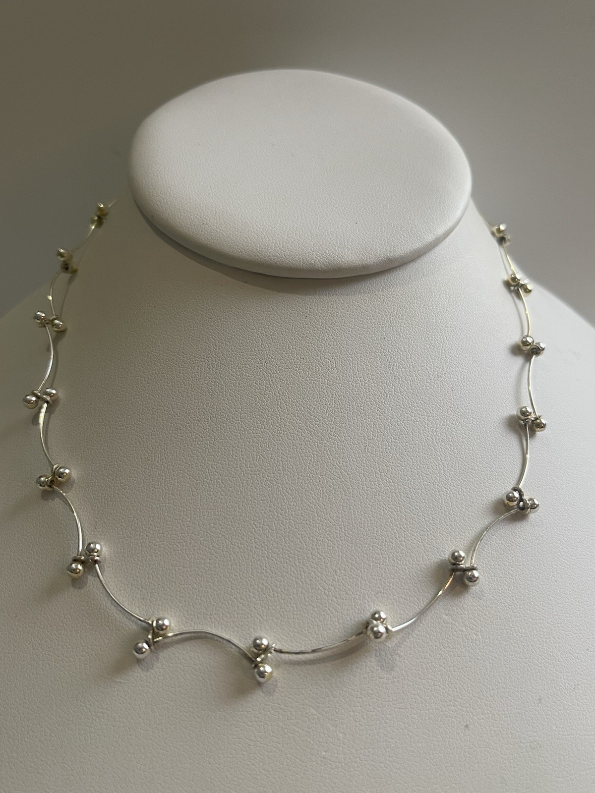 925 Sterling Silver Wavy Bar Link Modernist Necklace 14” Hallmarked