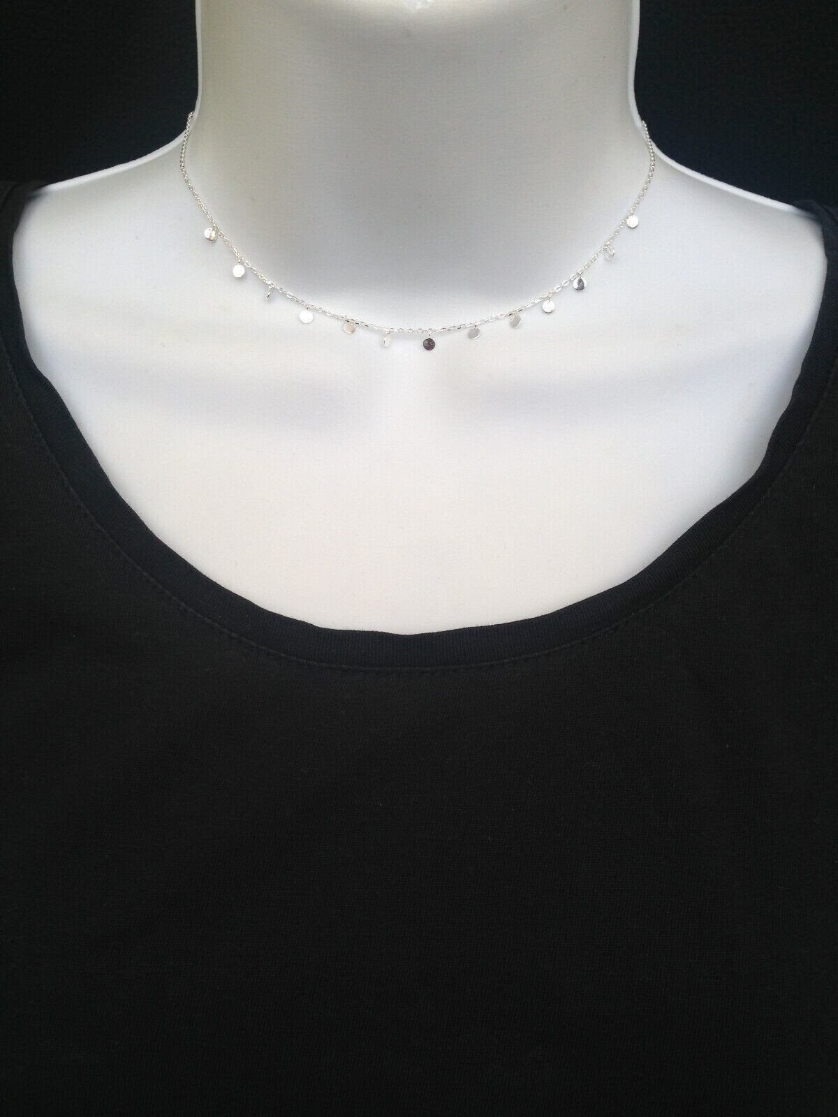 925 Sterling Silver Disc Dangle Charm Choker Necklace Station 2.9mm 12.5-15.5″
